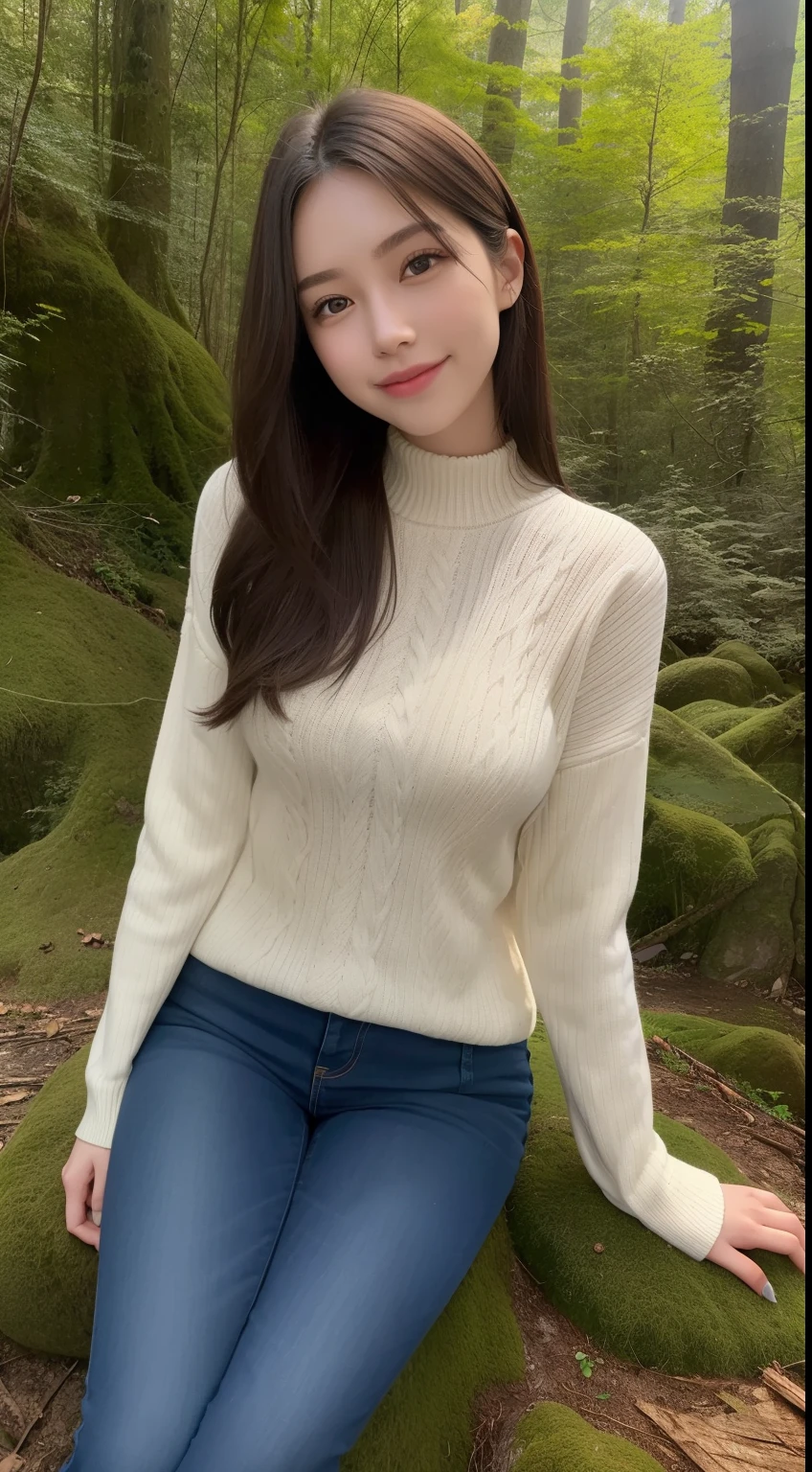 A smiling girl,Skinny sweater jeans,Sitting on a large mossy rock in the woods,com rosto detalhado,The eyes are delicate,The photo quality is the best,Realistic image quality,Background diffuse lighting,Depth of field display。