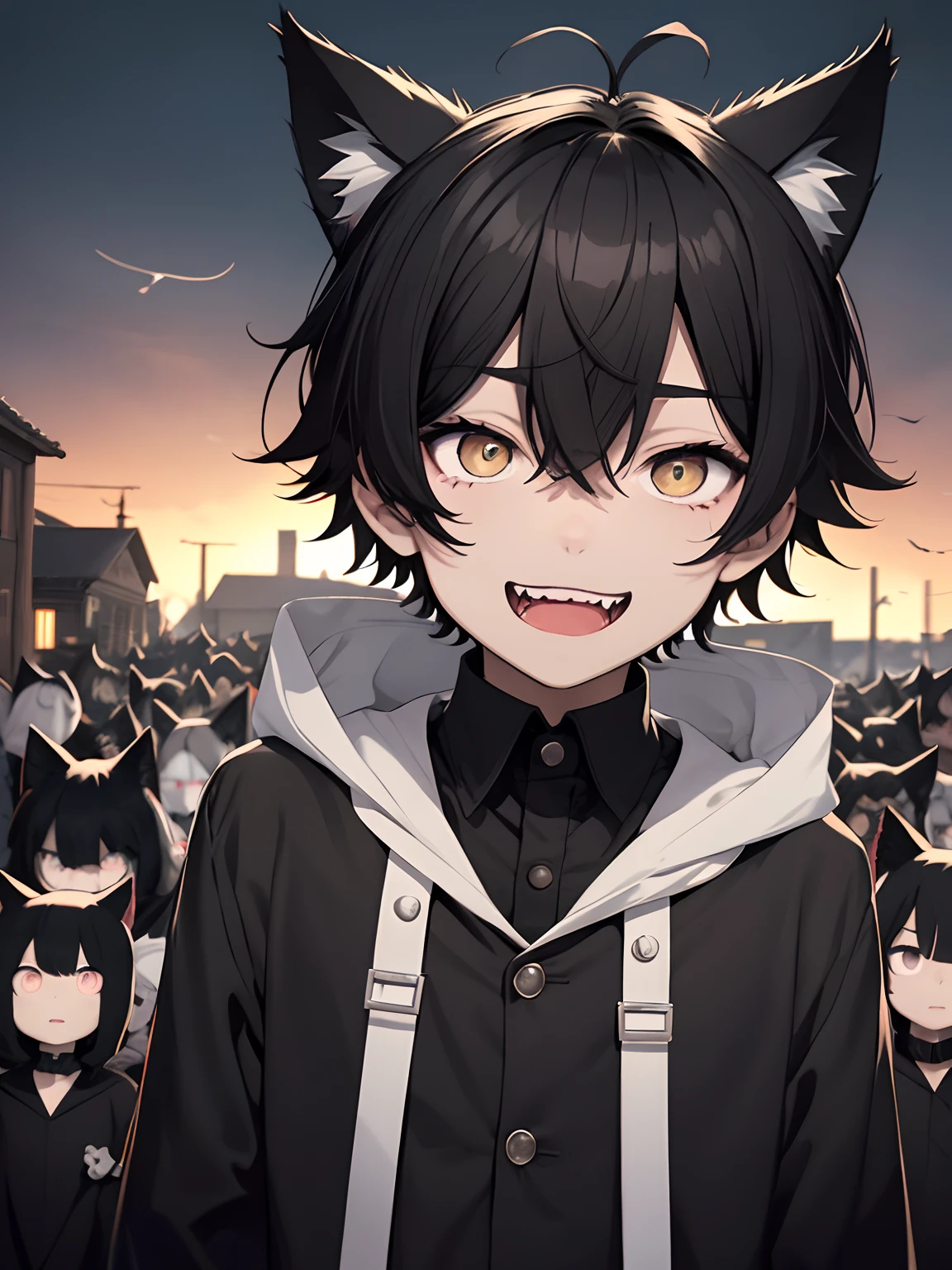 1 boy, black hair, white eyes, no pupils, black cat ears, cat whiskers in face, manic smile, an army of black cats at the side, a dark and dusky village in the background