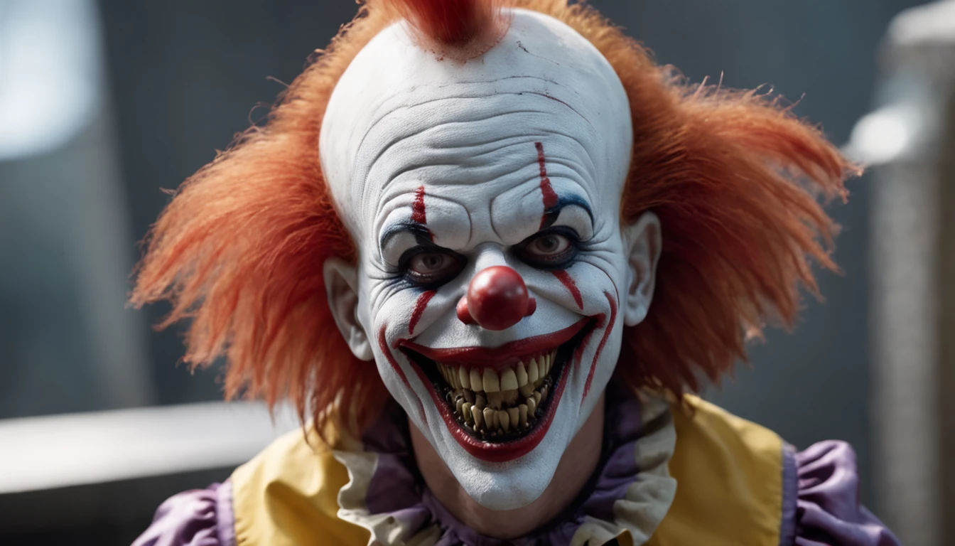 horror and nightmare circus, killer clowns, chainsaw, shark's mouth, it, creature, joker, mutant, action style, directed by Quentin Jerome Tarantino, shot on Ultra Panavision 70 film camera, high resolution, attention to detail, magical, photorealistic, portraiture, super wide angle, depth of field, super detail, beautiful color reproduction, intricate details, global lighting, dynamic poses, photography, unreal engine 5, 8k