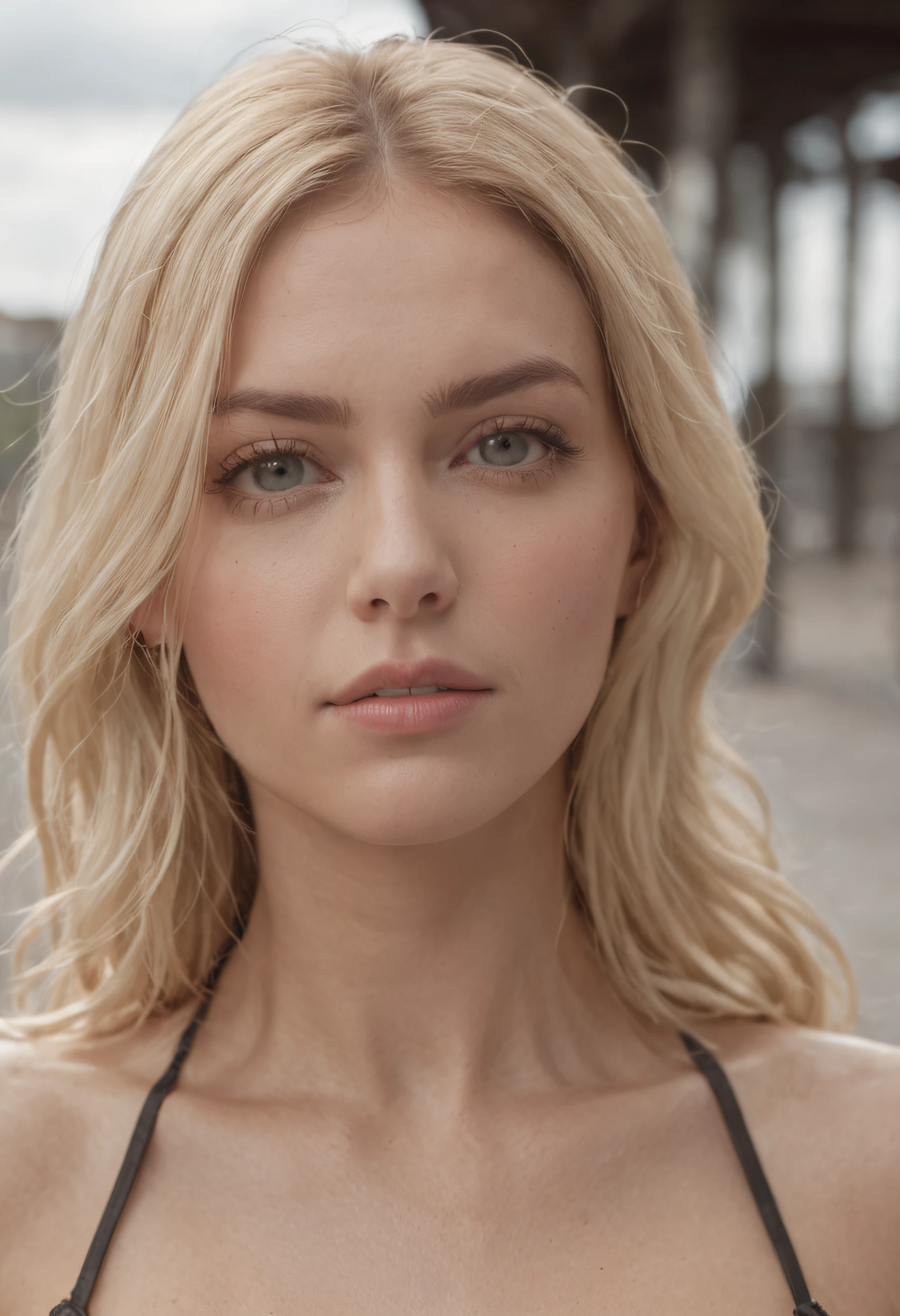 35mm portrait A beautiful blonde woman , big tits ,, Ultra resolution, reflections on the ground and overcast sky, detalhamento intrincado, hiper-realista, Cinematic photorealistic, 4k