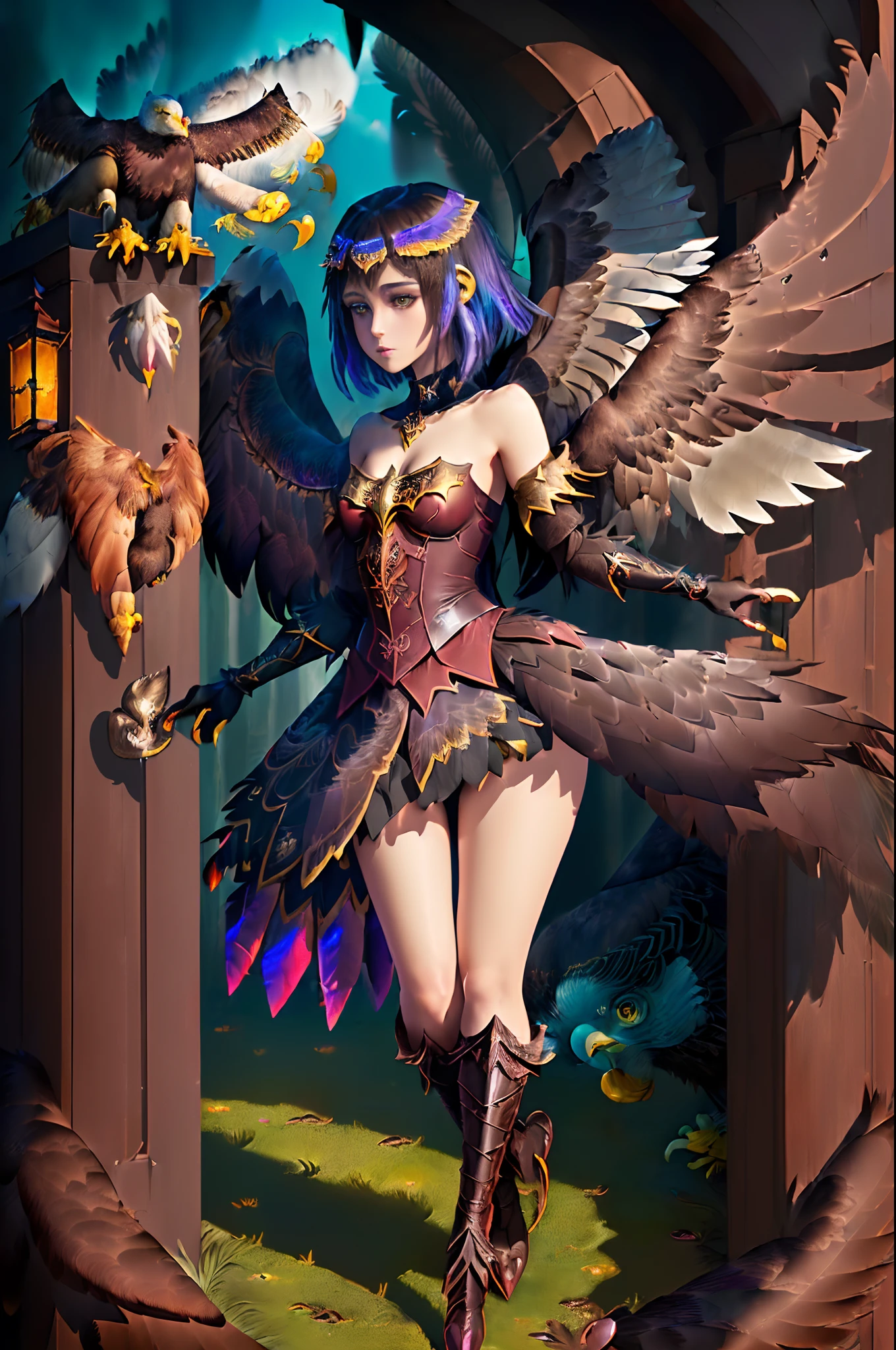 (Highest Quality, Masterpiece: 1,1), (Mystic Package,  with Owl, Dark Eyes, Bright Smile, Rose Hair, Illustration by Ross Tran), Painting, Detailed, ((Ross Tran Style)), 8K