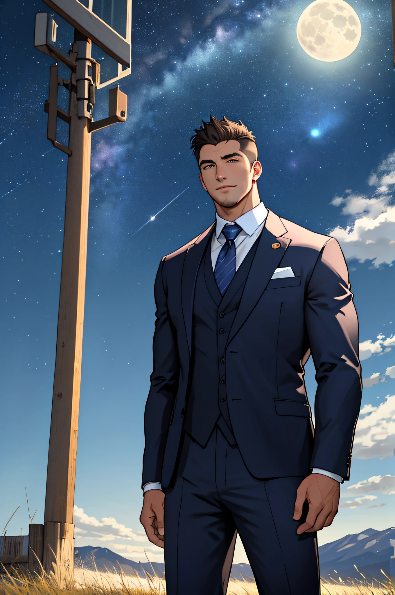 Draw a full-fledged footballer，Standing on the steppe at night，Quiet and comfortable background，He wears the same suit as the country's president，The suit fits perfectly，rays of sunshine，cheerful big breasts，Handsome，eyes with brightness，The man looks confident and determined，looking-down，Crew cut，full bodyesbian，Stars dot the sky，shooting from below，Big moon highlights background