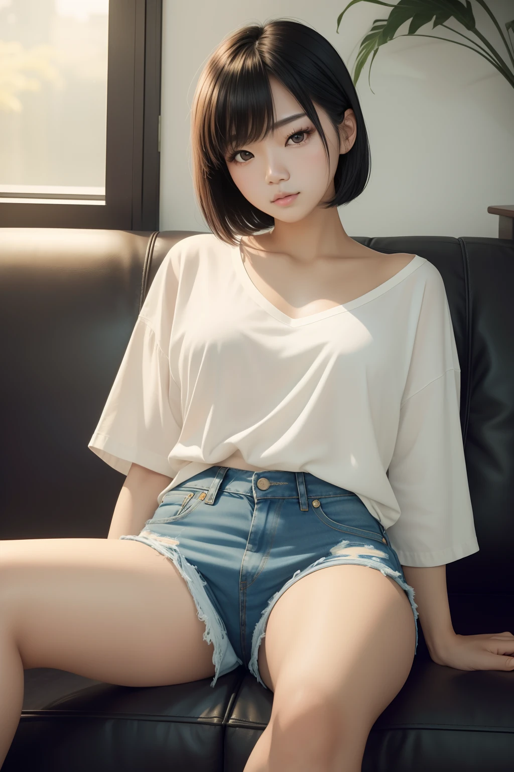 top-quality, 超A high resolution, (photographrealistic:1.0), 1人の女性, Half Korean and half Filipino, Denim shorts, A dark-haired, short-hair, Beautie, kawaii, Cinematic, 35mm lens, sitting in the couch
