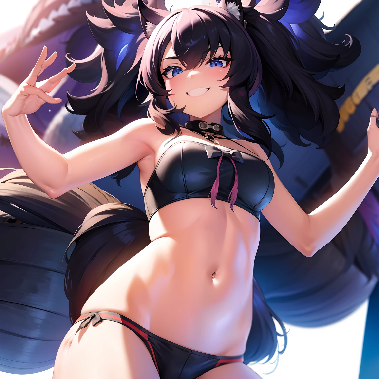 A black、Twin-tailed、a smile、Navel Ejection