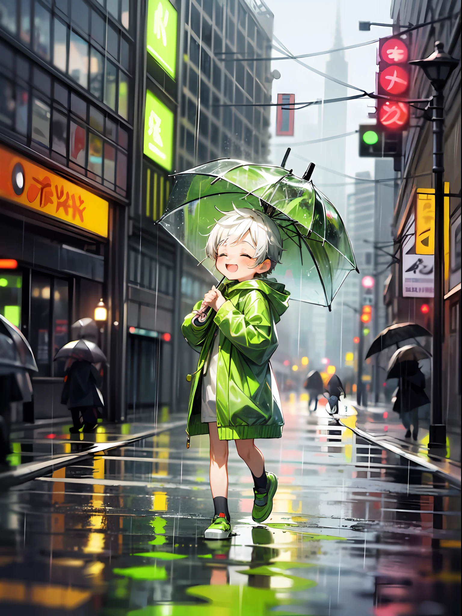 photoRealstic、Drawing of a ((cute chibi boy ina rainy city)) , holding a umbrella, wearing ((neon green raincoat)) , happy,cute, jumping in a rain, city blurry background, happy, absolutely adorable