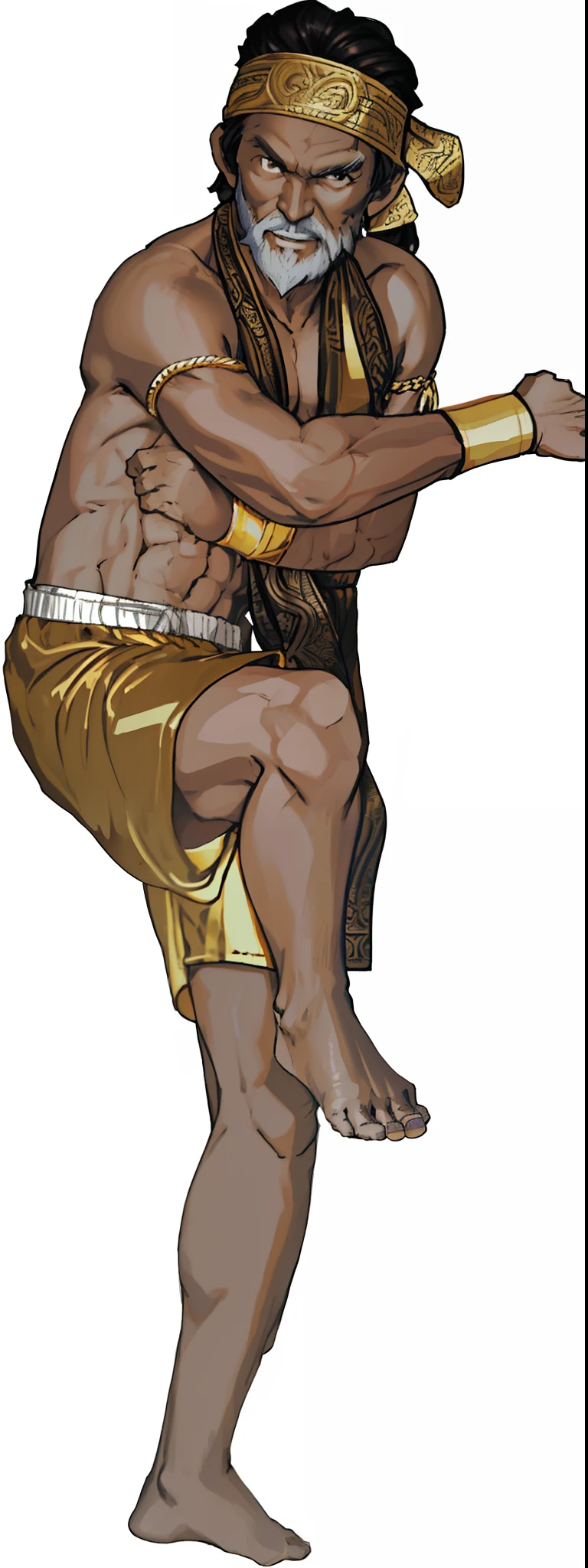 Khmer man, deep dark brown tan skin tone, full-body from head to toe, elderly man, all white and grey color mix hairstyle on top of the head, white beard, topless, random boxing pose, completely golden boxing shorts, completely golden headband, looking at camera front, I want the picture to be correct,