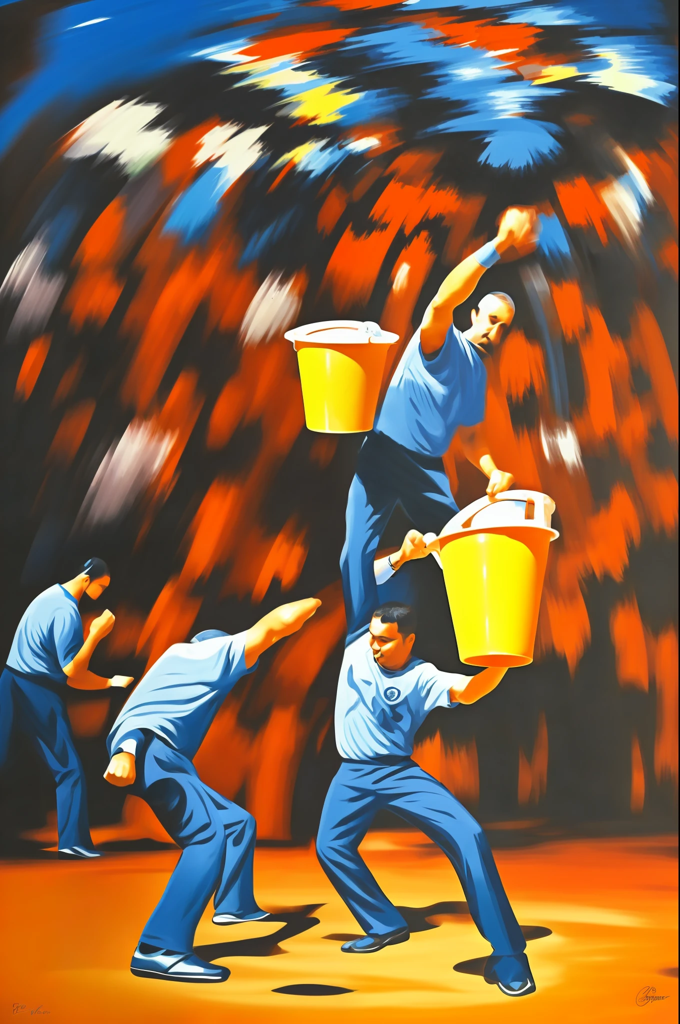 A bucket pours out the liquid, Pour into a large mouth, Award-winning, Kung Fu, Ed Paschke, clean background, Full body Symmetrical composition, head out of frame, symmetry, upside-down