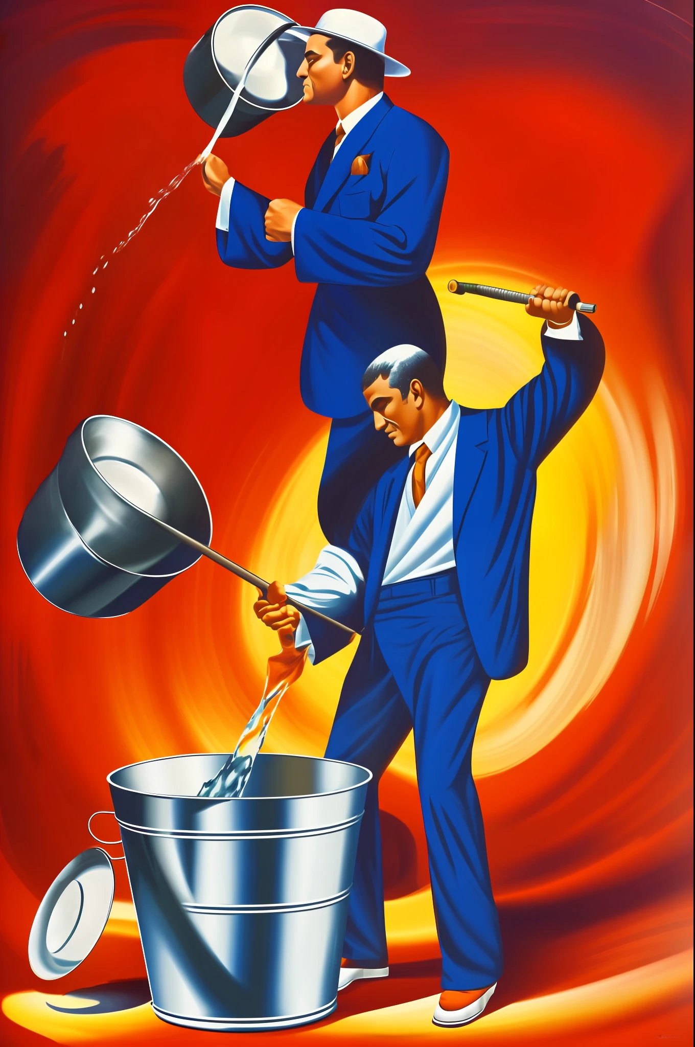 A bucket pours out the liquid, Pour into a large mouth, Award-winning, Kung Fu, Ed Paschke, clean background, Full body Symmetrical composition, head out of frame, symmetry, upside-down