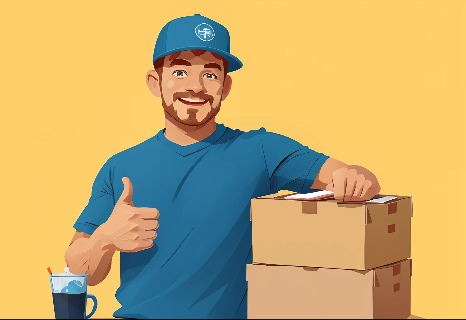 A man with a pleasant expression，Wear a blue shirt and hat，Carry two boxes，Give a thumbs up to the Amazon package，high quality product，Vector illustration style，fundo vermelho