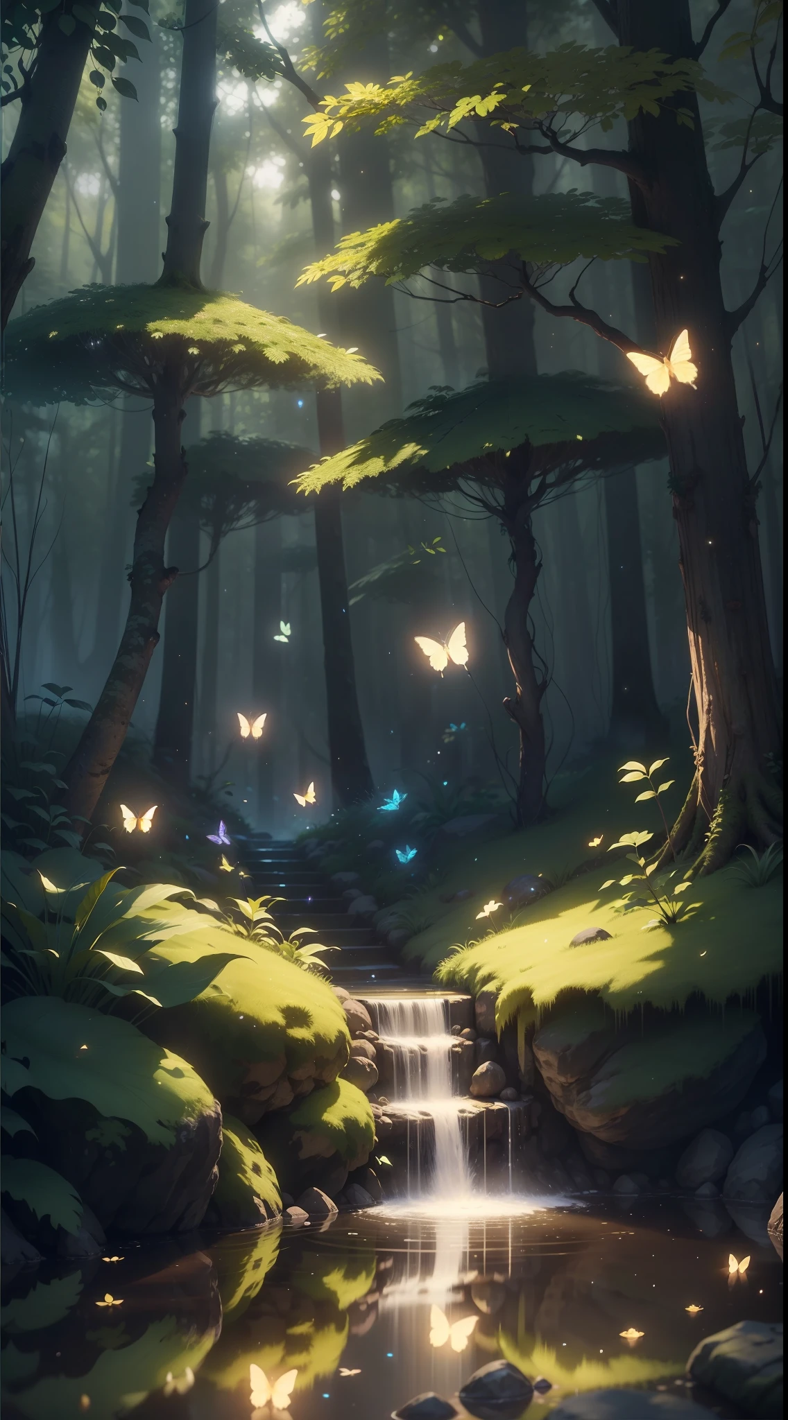 A masterpiece, the best quality, stunning reflections, the best reflections ever. (very detailed CG unity 8k wallpapers), (best quality), (best illustrations), (best shadows), forest theme with natural elements. Tall trees, quiet streams, small glowing mushrooms surrounded by delicate leaves and branches, with fireflies and glowing particle effects,, (natural elements), (jungle theme), (leaves), (twigs), (fireflies), butterflies, (delicate leaves), (glow), (particle effects). , Isometric 3D, Octane Rendering, Ray Traced, Super Detailed