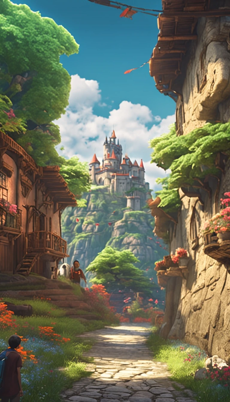 ghibli style, castle on a hill, cloudy blue sky, 4K wallpaper, merchants traveling on pathway.