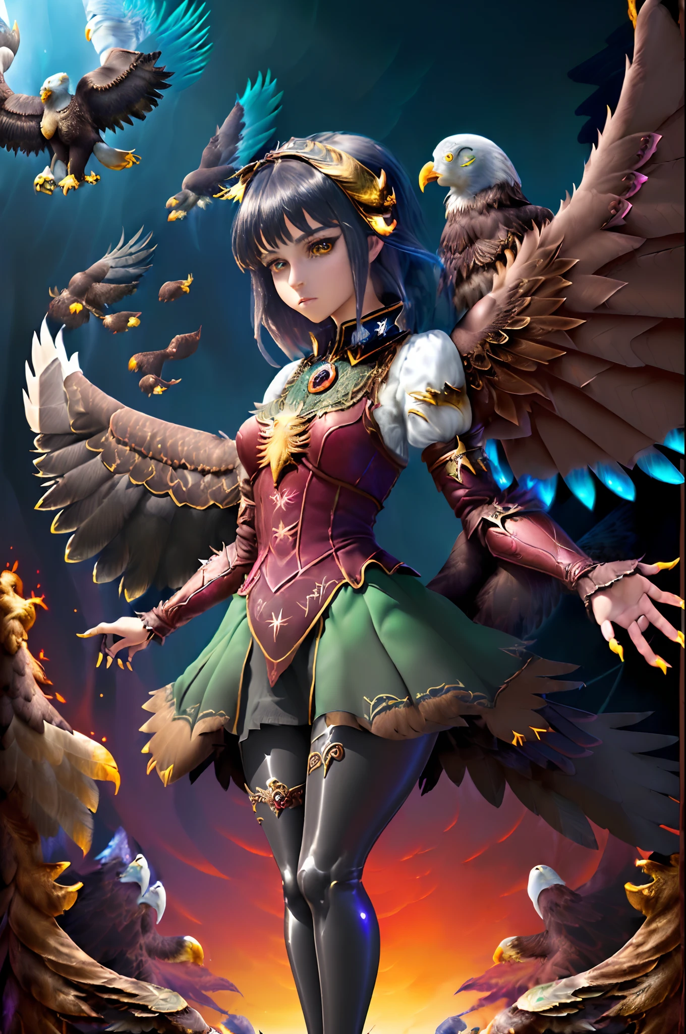 2d game art, dark fantasy, (mythical creature 1 girl with eagle_wings and eagle_legs fused:1.6), (from front:1.3), large sharp eyes, wine red bright smoke eyes, (floating in the sky:1.3), associated illustration, (multilayer:1.2), pyrography, add maker drawing, re add oil paint coloring, very beautiful and detailed painting, (highly detailed detail texture:1.1), pencil drawing, digital coloring, dark palette, rich colors, concept art, official art, iridescent, dark intricate surface detail, 16k, absurd resolution, (best quality:1.4), holographic rendering, ultra quality, (no human legs:1.8), (no eagle face:1.6), (eagle_head:1.6), (no human arms:1.6),