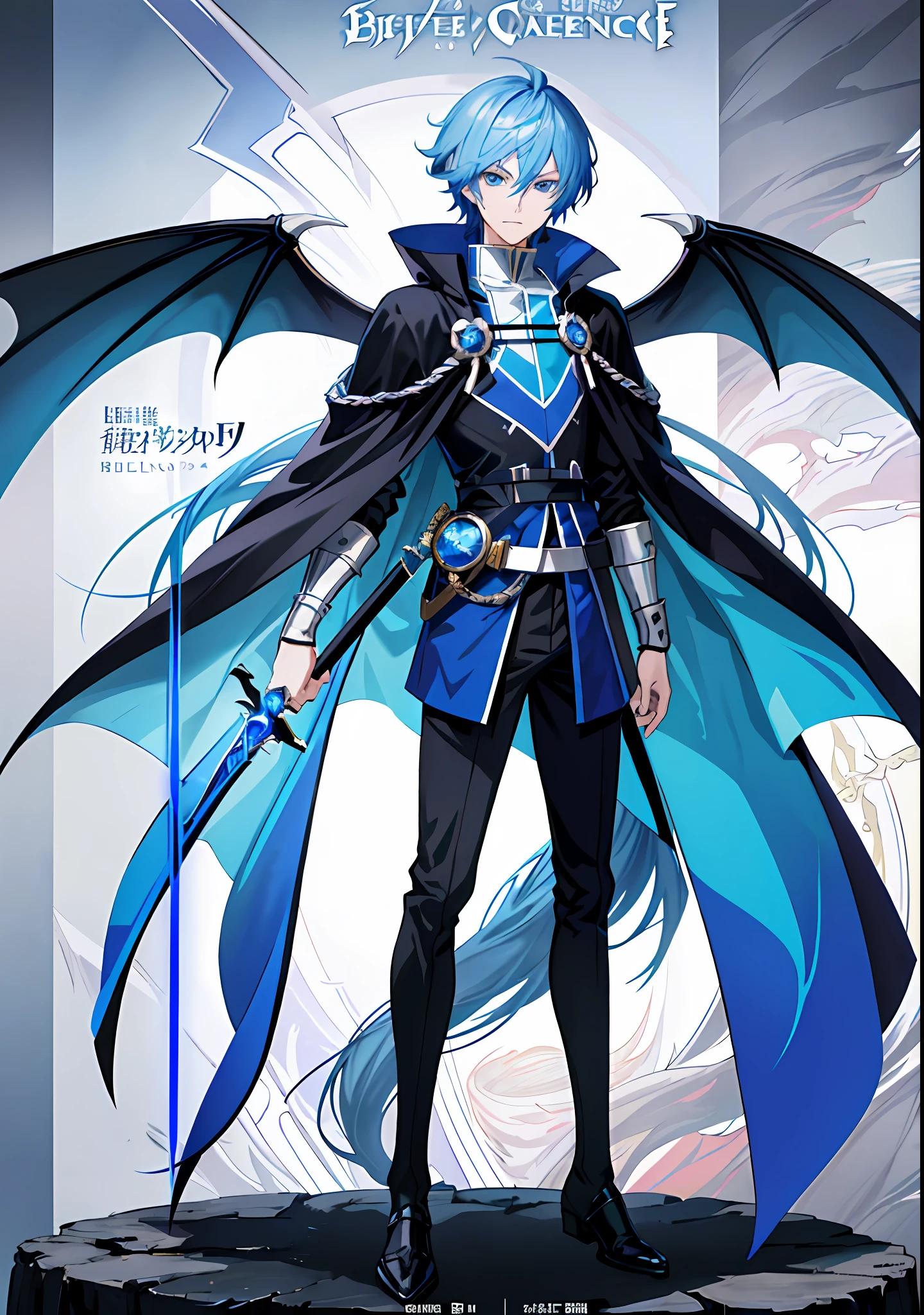 Anime character with blue cape and black coat holding a sword, official character art, ( ( concept art of character ) ), official character illustration, skinny male fantasy alchemist, quirky king of faes ( com longo, handsome guy in demon killer art, Tall anime guy with blue eyes, antasy character, Delicate androgynous prince, young shadow mage male