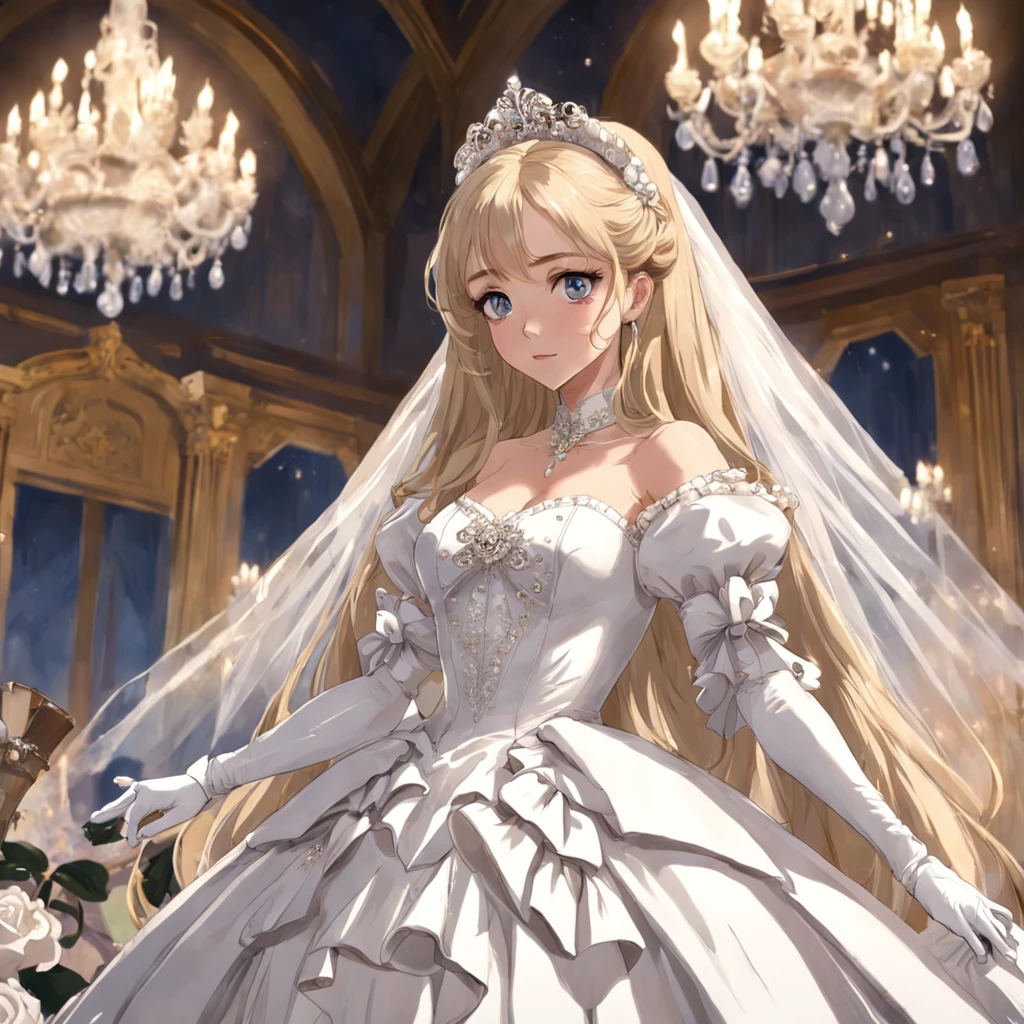 Best quality, Masterpiece, a stunningly beautiful Greer Grammer as a royal bride wearing a stately and elaborate royal wedding dress of white satin and tulle adorned with huge ribbon bows, lace, frills, flounces, embroidery and jewels, with enormous puffed sleeves, an hourglass waist and a voluminous crinoline hoopskirt, bustle, and train, long white gloves, pearl necklace and earrings, elaborately curled and styled hair