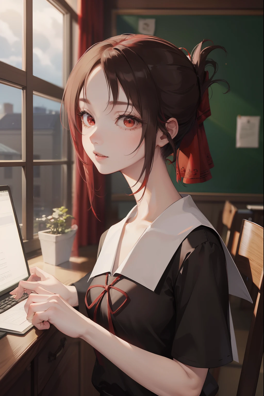 kaguyashinomiya, kaguya shinomiya, folded ponytail, forehead, hair ribbon, (red eyes:1.5), red ribbon, ribbon, short hair, sidelocks,
BREAK black dress, dress, pinafore dress, school uniform, shirt, short sleeves, shuuchiin academy school uniform, white shirt,
BREAK looking at viewer,
BREAK indoors, classroom,
BREAK (masterpiece:1.2), best quality, high resolution, unity 8k wallpaper, (illustration:0.8), (beautiful detailed eyes:1.6), extremely detailed face, perfect lighting, extremely detailed CG, (perfect hands, perfect anatomy),