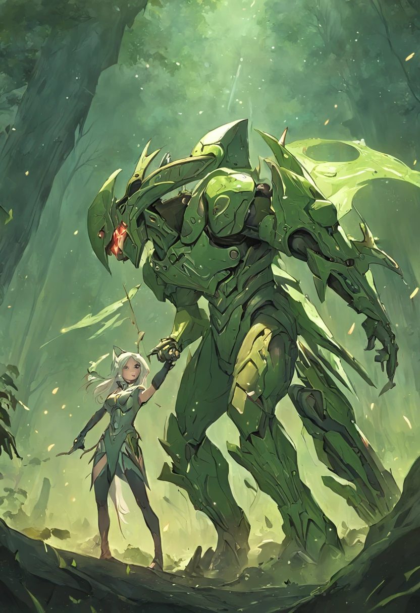 high details, best quality, 8k, [ultra detailed], masterpiece, best quality, (extremely detailed), full body, ultra wide shot, photorealistic, fantasy art, rpg art, sci fi art, realistic art, a wide angle, (((anatomically correct))), fantasy art, sci fi art, a green skined alien fighting an elf warrior, science fiction against fantasy, a battle between alien and an elf, alien fighting a fantasy elf (((1)) medium sized alien (intense details, Masterpiece, best quality), a creature from outer space, alien (intense details, Masterpiece, best quality) with green skin, wearing mech armor reelmech, armed with laser gun, fighting (((1))) female fantasy elf fantasy warrior (intense details, Masterpiece, best quality), wearing LnF elven armor, armed with a sword, fantasy agains sci fi, fantasy forest background, dynamic light