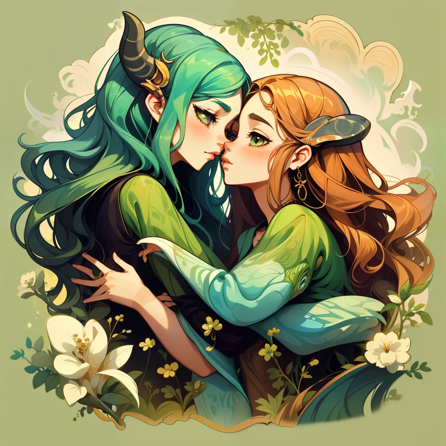 adesivo, fundo simples, portrait, 2 girls, couple, kissing, girl with long hair, beautiful taurus girl, taurus aesthetic, beautiful girl, very beautiful fantasy art, beautiful and elegant female taurus, beautiful detailed fantasy, greeb and brown color palate, green color-theme