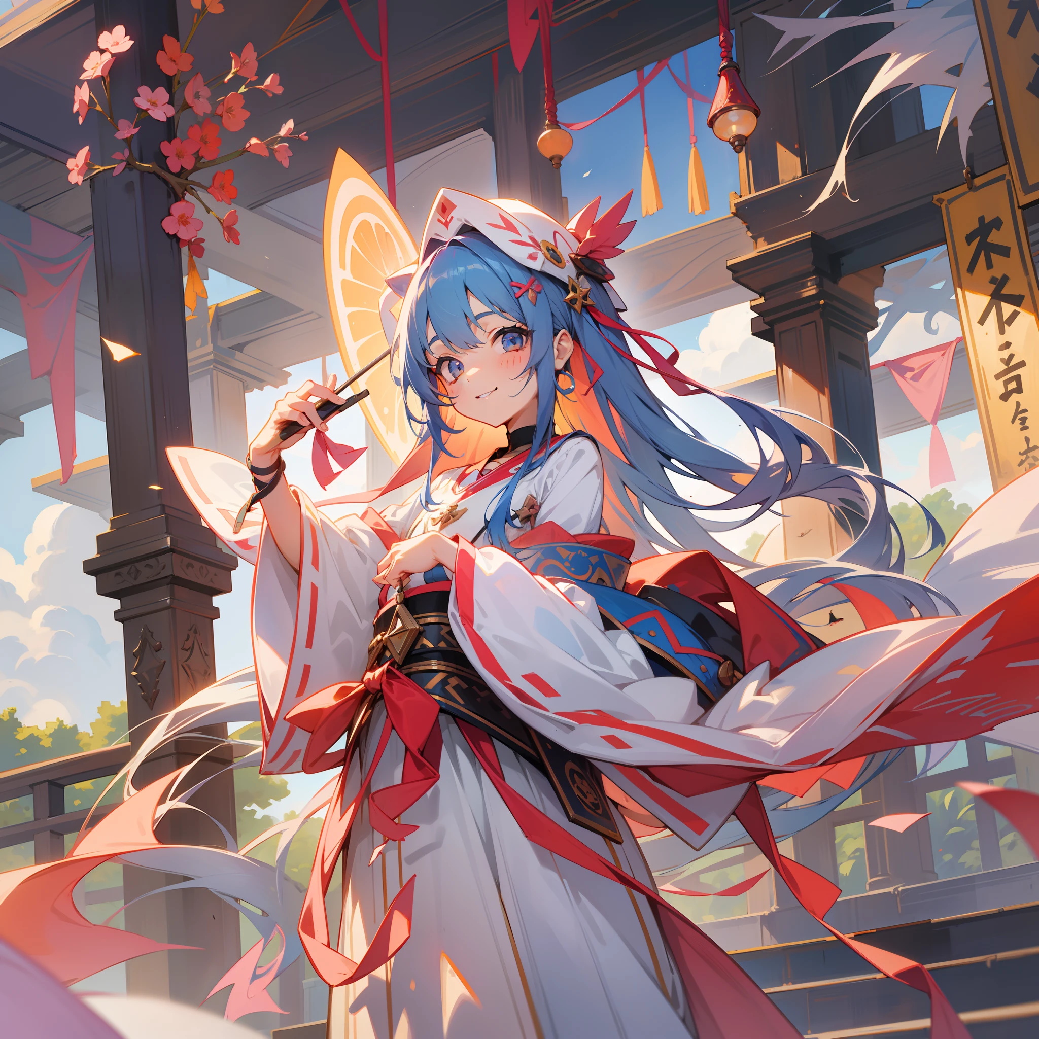1 Girl 6 years old girl，blue hairs，ssmile，The corners of the mouth are raised，Eyes watching