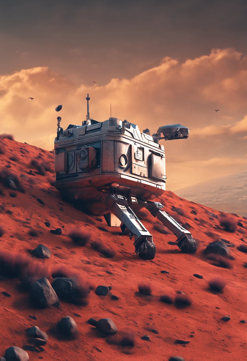 The spacecraft landed on a small hill (estilo arte digital), arte digital, epic look at your scene, fotorrealismo
