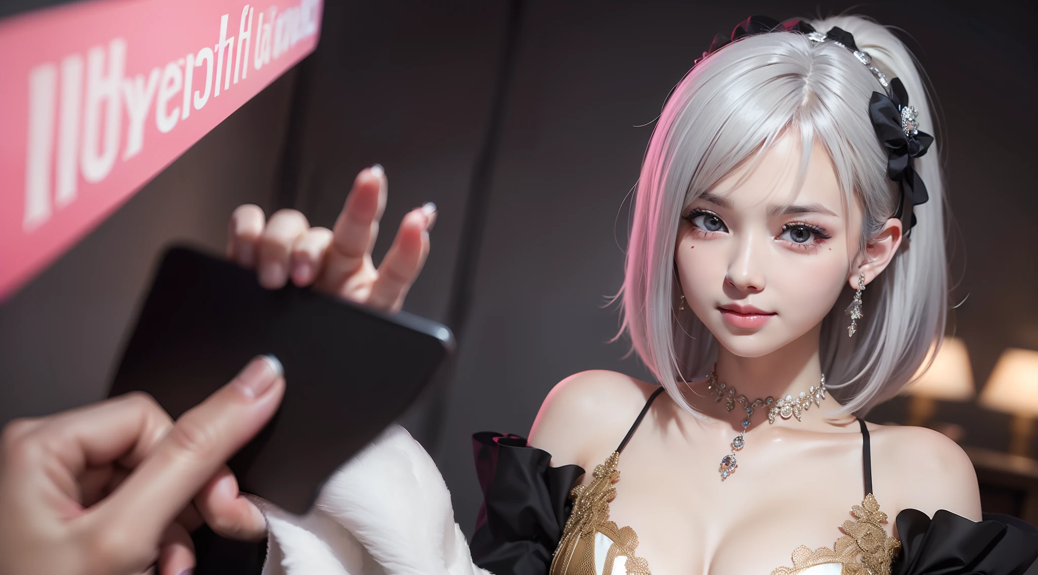 Anatomically normal,(realisticlying,realisticlying:1.5),(tmasterpiece),(best qualtiy:1.4),(hyper HD:1.2),(RAW photogr:1.2),(sharpfocus:1.3),(Face focus:1.2),japanaese girl,Professional clothing,(young :1.1),(joyful smile:1.5),(Hairy cuts:1.6),(Japanese idol costume white,Black and pink:1.4),(beautyface:1.7),(Beautiful dress in detail:1.4),Gothic maid,(Professional photos of Japanese girls), middlebreast, (: 1.3), (Wide open chest), (Detailed silver hair), (twosideup), (peeping at the viewer: 1.2), (Music DJ cover art: 1.1), ( Music Design Art Stage: 1.4), (simple grey background: 1.6), Gorgeous golden lights, Break, (The large), beatiful detailed eyes, (adolable),