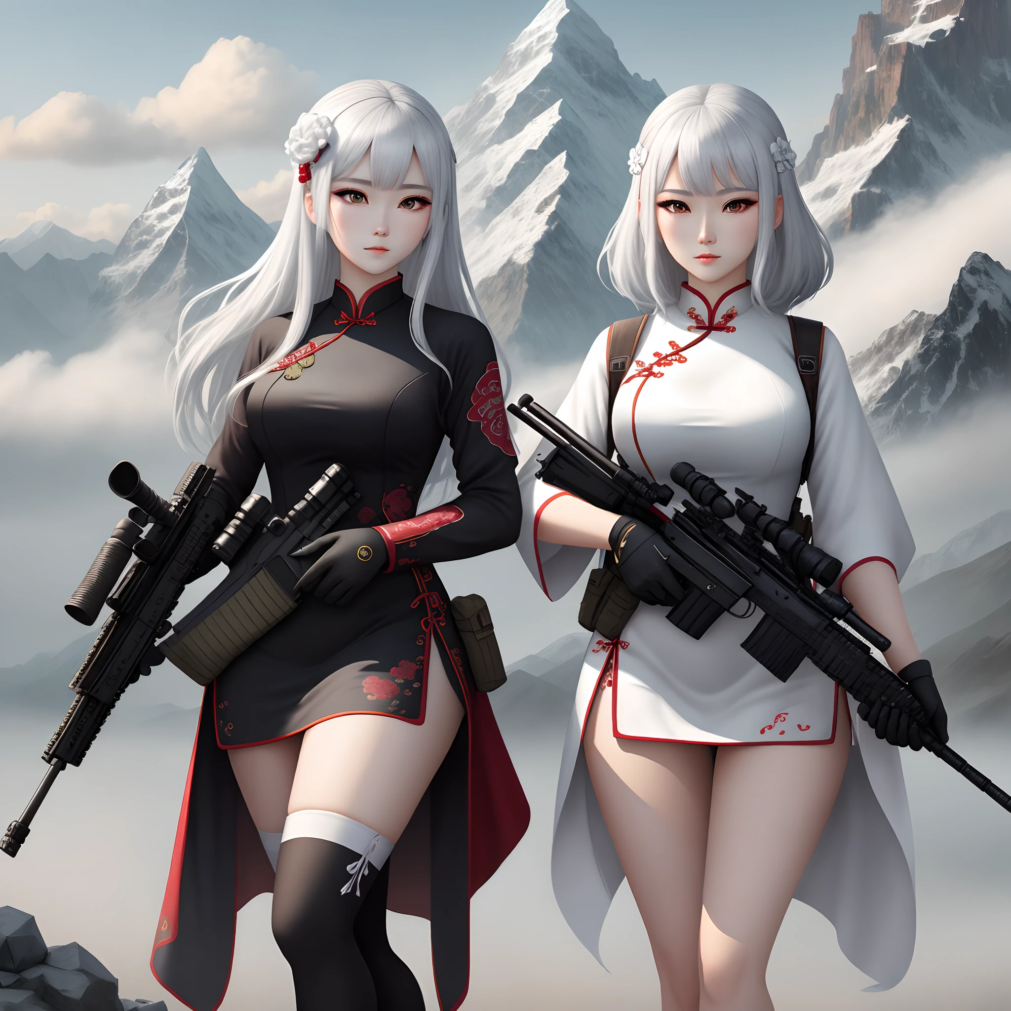 Masterpiece,4K,Silver-white hair cheongsam,Gray eye,Ancient China,mountain scene,Best quality,quadratic element,white stockings,full bodyesbian,Armed with a large-caliber sniper rifle,Royal sister style