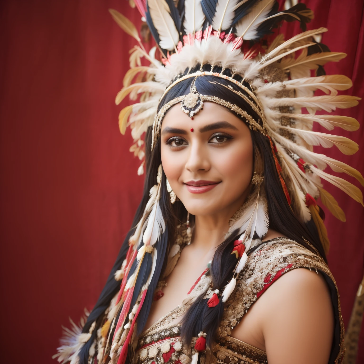 (Mrunalt) wearing a feather headdress and a feather mask, she is dressed in shaman clothes, elaborate costume, feathered headdress, headdress, ornate headdress, centered headdress, native american, aztec princess portrait, beautiful costume, indian warrior, native american warrior, american indian headdress, : native american shamen fantasy, wearing crown of bright feathers