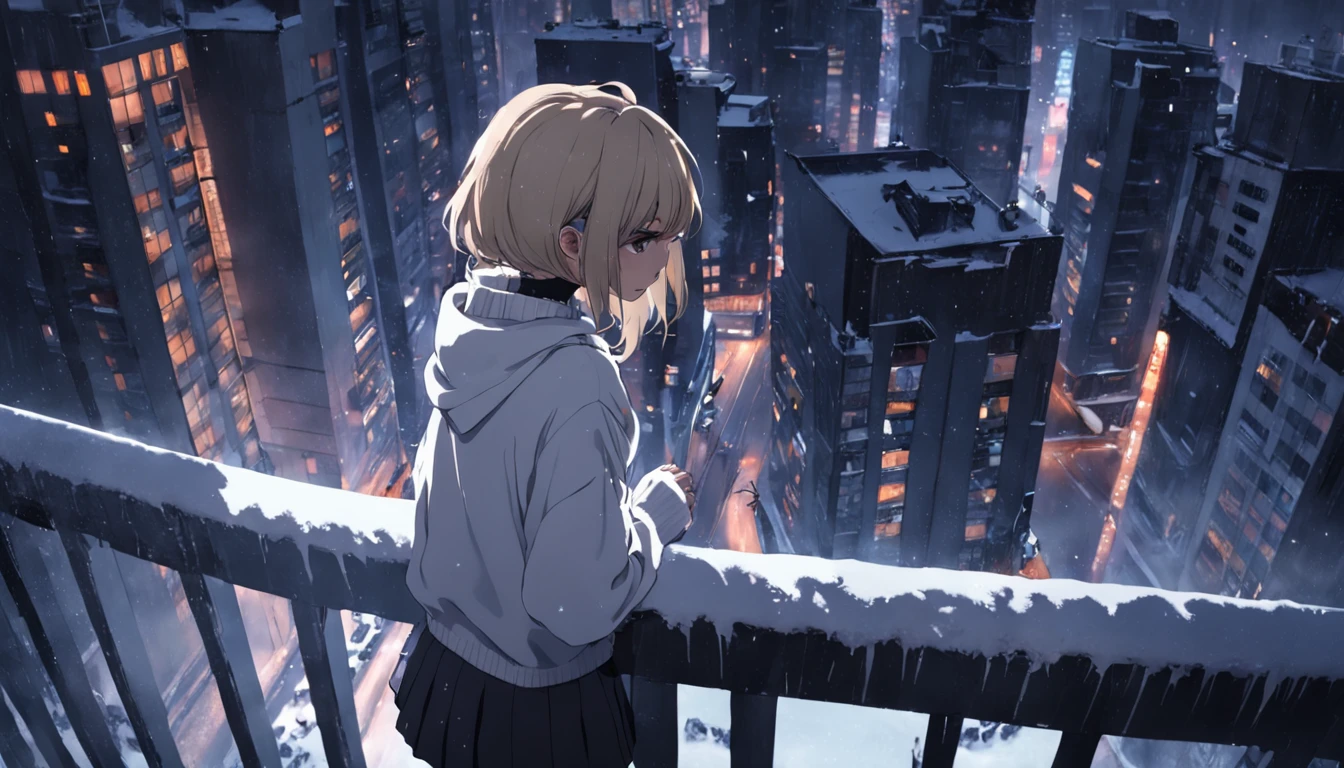 one woman, leaning on the railing of the balcony of high rise building, wearing white sweater, alone, midnight, sad mood, ultra detail, snow, dark, smoking, bleak, sad, alone, cyberpunk, winter, snowing, foggy, far shot, cigarette, visually busy, visual clutter