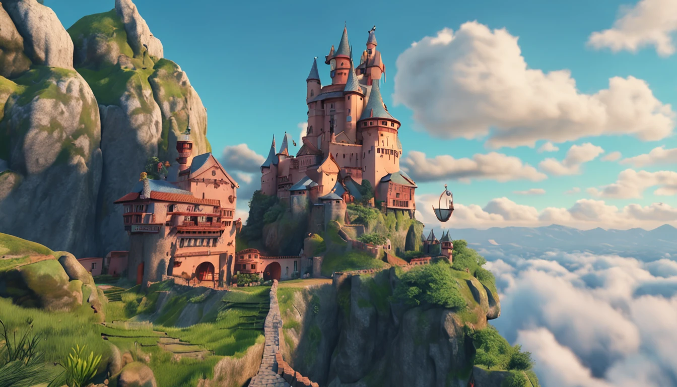 ghibli style, castle on a hill, cloudy blue sky, 4K wallpaper, merchants traveling on pathway.
