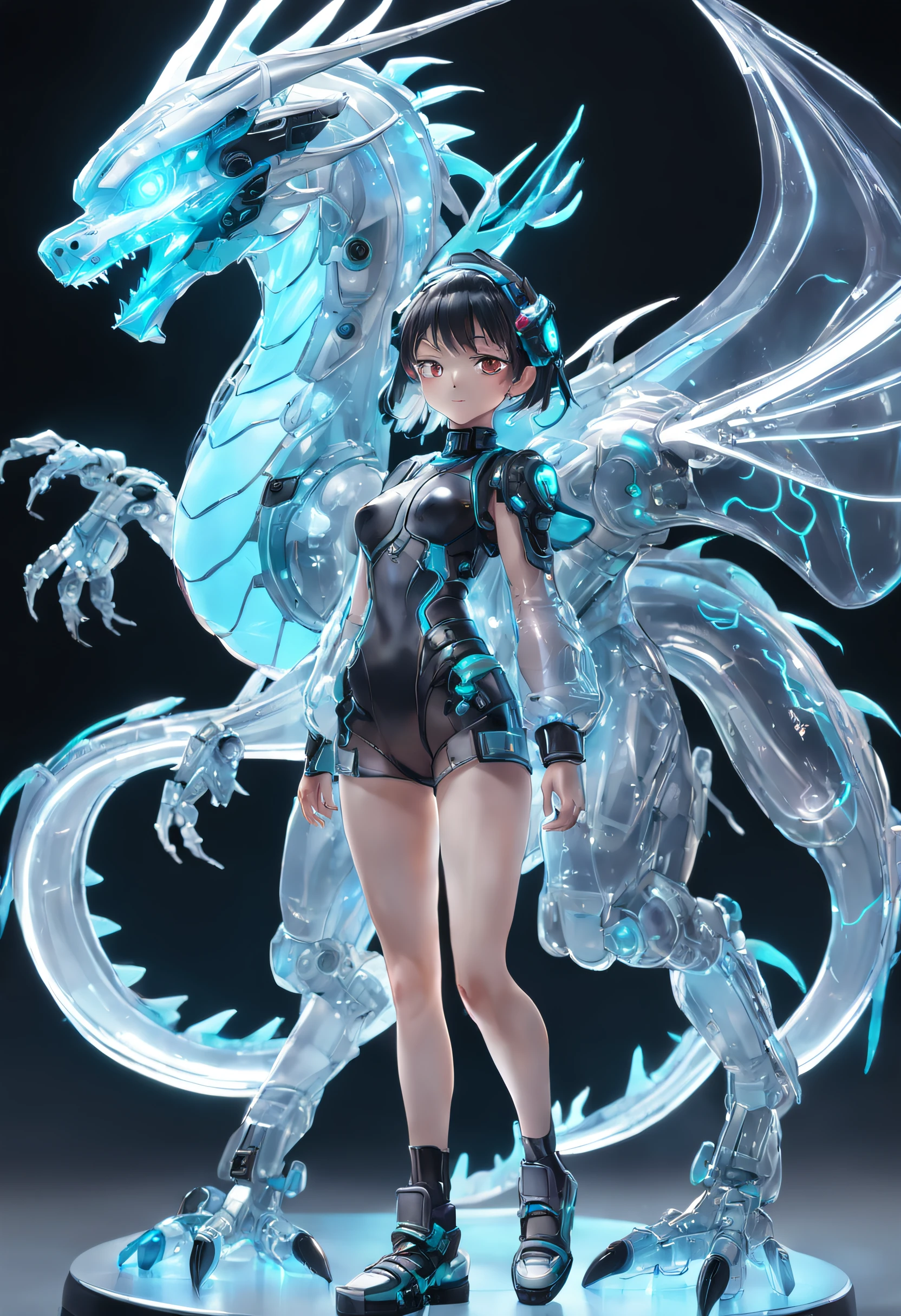 chinesedragon, (Blind box toy style:1.2), (Full body shot) , 1 Transparent girl,Behind him is a transparent Chinese dragon, Transparent mech, Exquisite helmet:1.2, Luminous goggles:1.2, Cyberpunk, dreamy glow, luminous neon lights, Clean, White background, ( Global illumination, Ray traching, hdr, unreal render,reasonable design, high detal, Masterpiece, Best quality, hyper HD, Cinematic lighting)