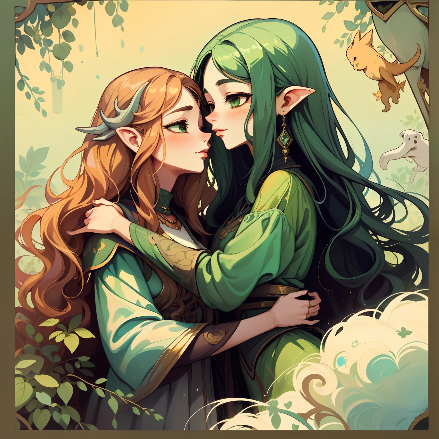 adesivo, fundo simples, portrait, 2 girls, couple, kissing, girl with long hair, beautiful taurus girl, taurus aesthetic, beautiful girl, very beautiful fantasy art, beautiful and elegant female taurus, beautiful detailed fantasy, greeb and brown color palate, green color-theme
