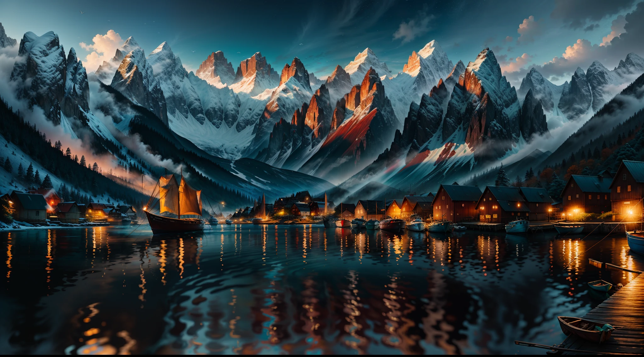 The boat stops in the rustic water behind the mountains，fishing village，Harbour background，small port village，sea beach，Rural atmosphere，harbour，fantasy town，rural village background，fishing boat，Twilight Hour。Green mountains，dusk setting，（Very detailed CG unity 8K wallpaper），most beautiful artwork in the world，Professional majestic oil painting，iintricate，high detal，sharp fokus，dramatics，Realistic painting art，Romantic landscape style, canon eos 5d mark iv, Sunny impressionism, high-quality photo, Stock Photo - AR 2:3 --v 5