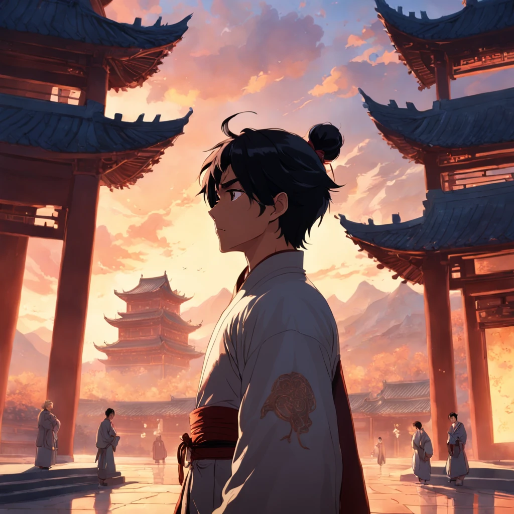 masterpiece, best quality, movie still, 1man, oriental chinese man, standing in front of chinese castle, close-up, bright, happy, warm soft lighting, sunset, (sparks:0.7)