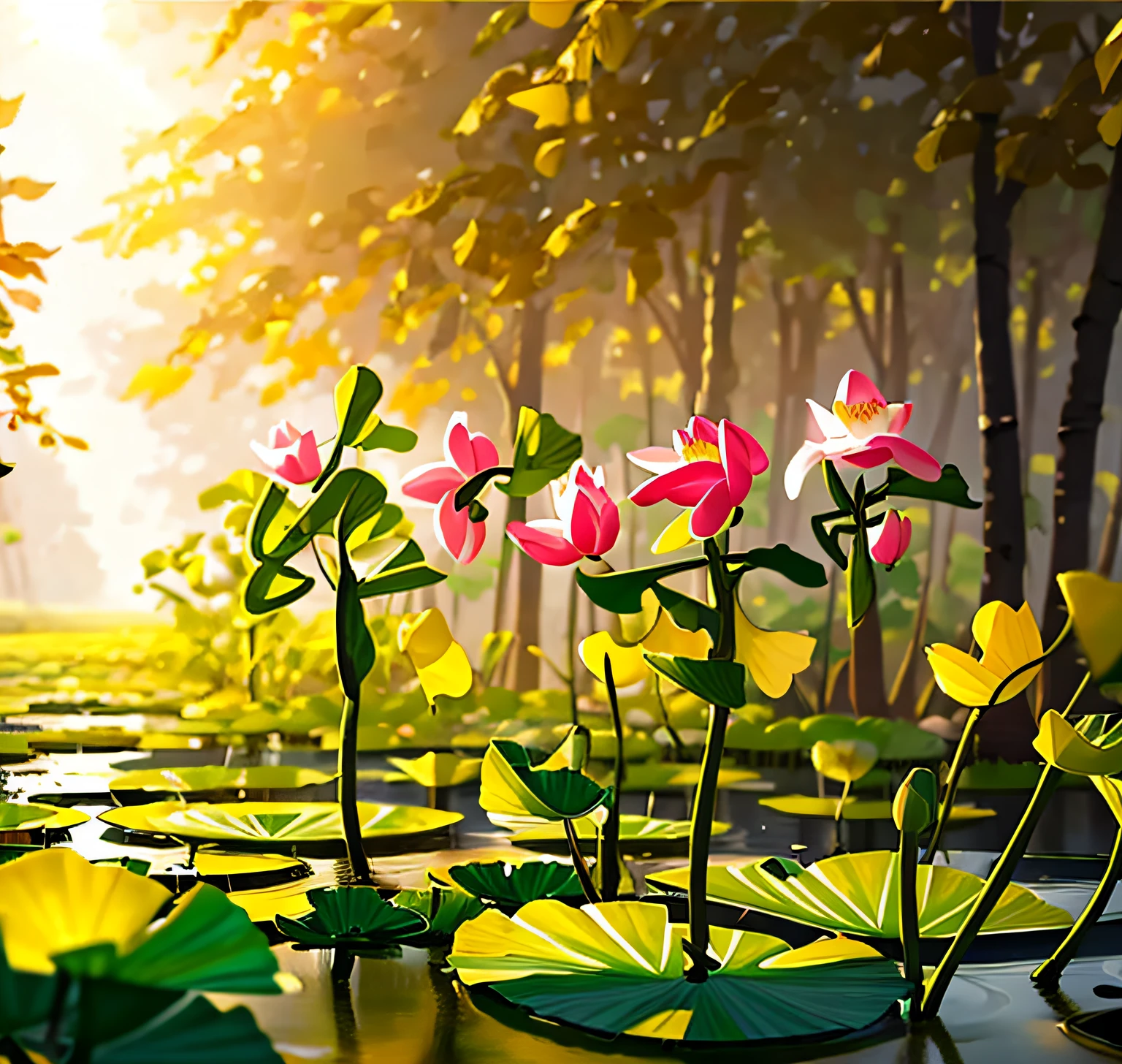 Masterpiece, Extremely detailed Cg Unity 8K wallpaper, offcial art, Realistic:1.2, Solo, Lotus pond, Summer, Clean, Moist, Best quality, ginkgo leaf, Sunshine, Grand scene, Side view