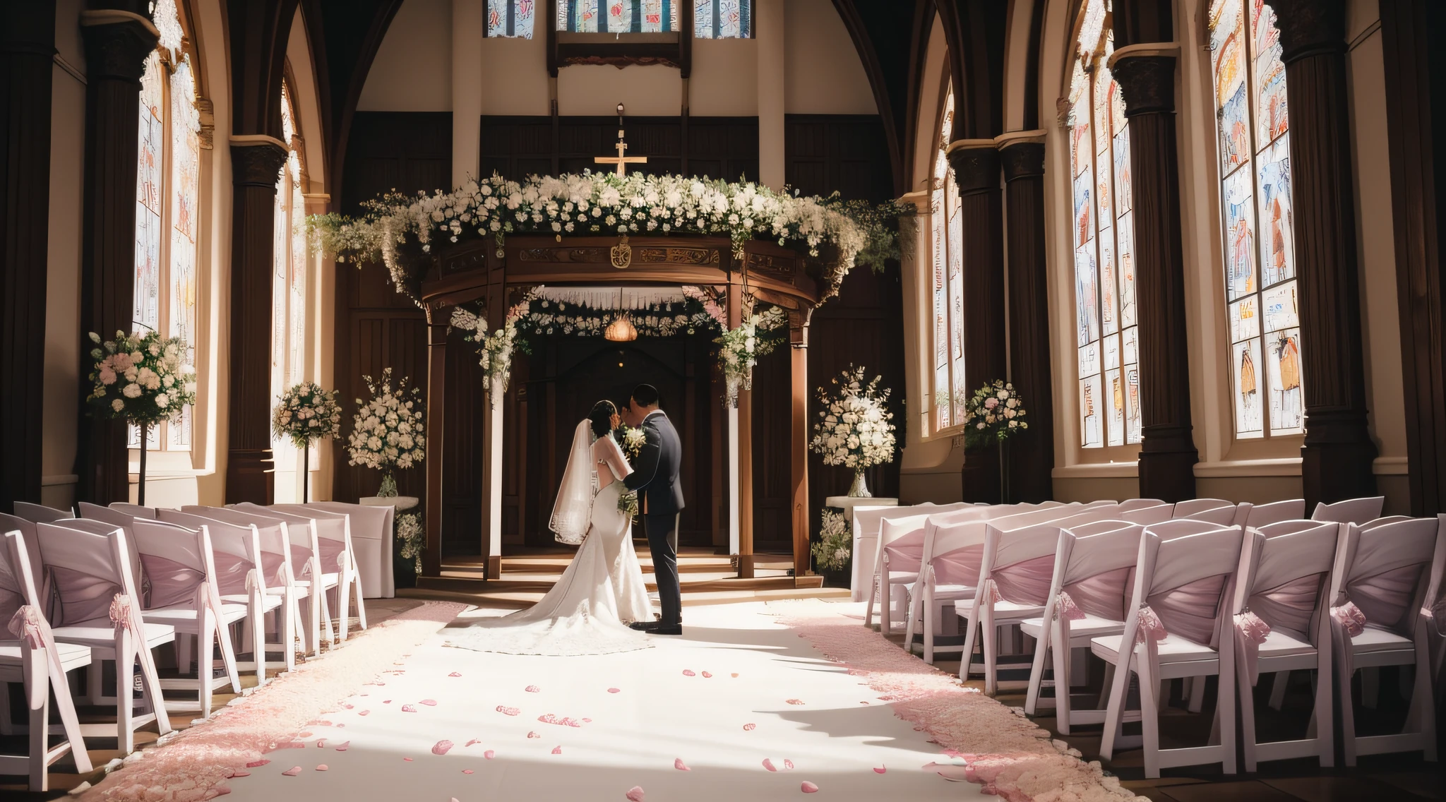 Site layout： The wedding took place in a magnificent building，Probably a church、palaces、Large conference halls or other spectacular venues。The entrance may be decorated with ornate garlands、A gate sign embroidered with the name of the newcomer，As well as ornate tassels and ornaments。

Ornaments and flowers： The wedding venue is beautifully decorated，Flowers and greenery。white colors、In pink、Romantic colors such as lilac predominate in the decoration，Create a fantastic atmosphere。The long aisles are lined with woolen blankets，It is sprinkled with rose petals。

Solemn ceremony： The wedding ceremony takes place in a specially arranged chapel or stage。The groom is dressed in a classic suit，Stand on one side，The bride wears a gorgeous wedding dress，Escort to the center of the church。They face the priest or the ceremonial host，Communicate their vows and commitments to the future。