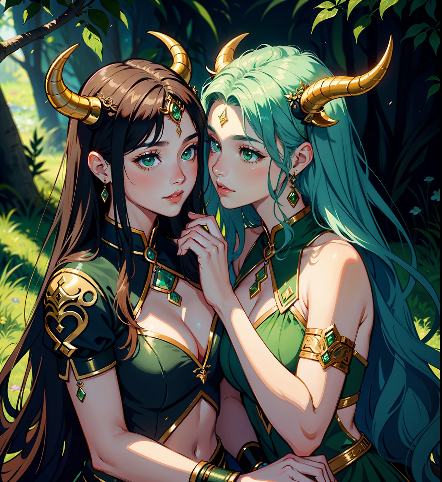 adesivo, fundo simples, portrait, 2 girls, couple, kissing, girl with long hair, beautiful taurus girl, taurus aesthetic, beautiful girl, very beautiful fantasy art, beautiful and elegant female taurus, beautiful detailed fantasy, greeb and brown color palate, green color-theme