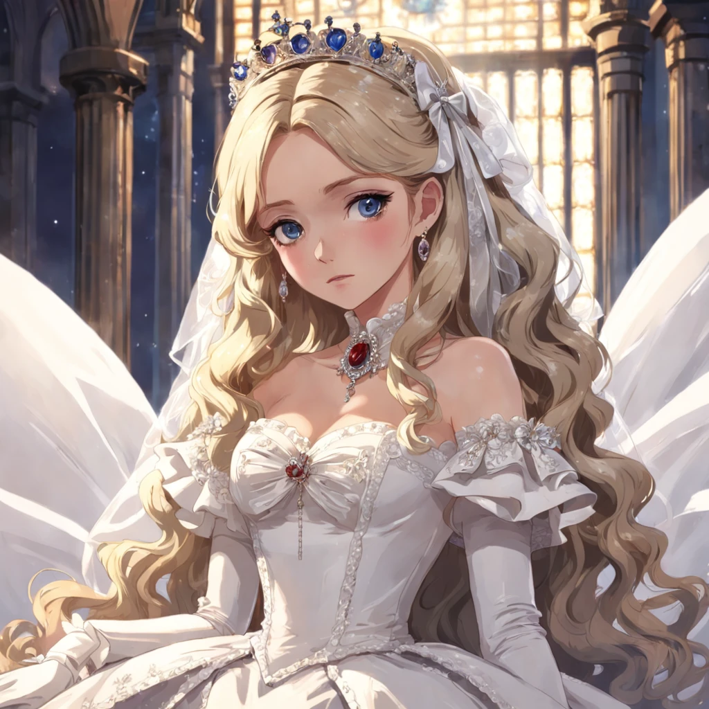 Best quality, Masterpiece, a stunningly beautiful Greer Grammer as a royal bride wearing a stately and elaborate royal wedding dress of white satin and tulle adorned with huge ribbon bows, lace, frills, flounces, embroidery and jewels, with enormous puffed sleeves, an hourglass waist and a voluminous crinoline hoopskirt, bustle, and train, long white gloves, pearl necklace and earrings, elaborately curled and styled hair