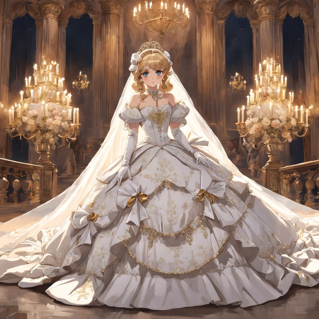 ((anime artstyle)),(Masterpiece),(Best Quality), (Super Detail),((Very Delicate and Beautiful)),Focus on character,Dynamic Angle,Looking at viewer,((Solo)),standing,((full body)),((one princess in gorgeous ball gown wedding dress with voluminous skirt)),((June bride)),detailed face and eyes,jewel-like eyes,((Very Long voluminous Hair)),gorgeous embroidery and lace,((gorgeous corsage)),See-through,(Gorgeous jewelry ornaments),luxury hair ornament,luxury tiara with jewels,ornate ruffles,((gigantic breasts,Long breasts)),indoor,church wedding,((full body)),hoop skirt,crinoline,very long wedding veil,(((fusion of jeweled wedding dress and gorgeous embroidery rococo ballgown)))