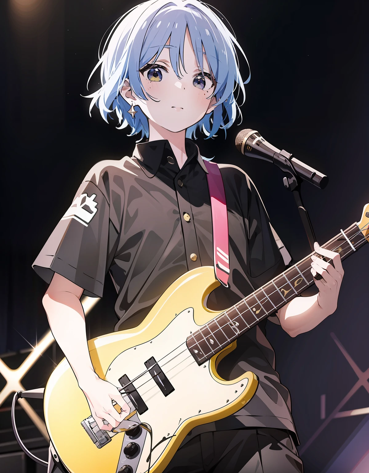 A high resolution, (Masterpiece:1.4), Ultra-detailed, 1girll, Ryo Yamada, Bass guitar, Lonely,Concert,Play guitar,fully body photo