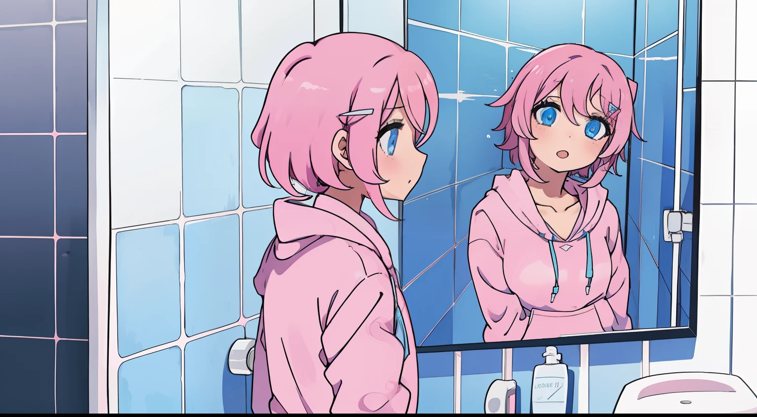 anime girl with short pink hair pink hoodie chocker hairclip, in bathroom showering blue eyes blue skirt