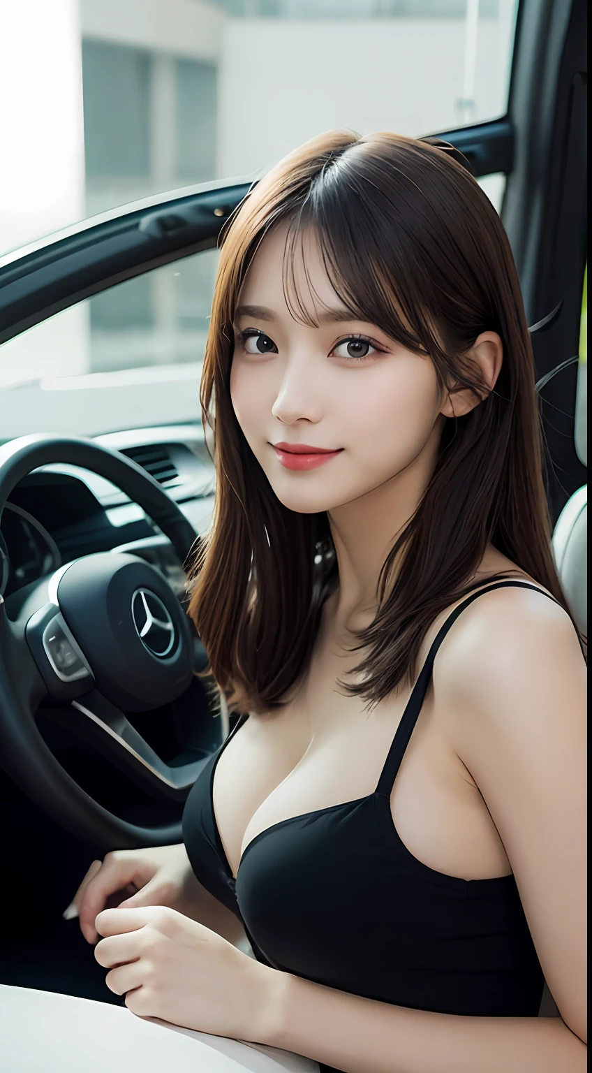 masutepiece, Best Quality, Illustration, Ultra-detailed, finedetail, hight resolution, 8K Wallpaper, Perfect dynamic composition, Beautiful detailed eyes, Women's summer,Medium Hair,large breasts with lips of natural color,, Bold sexy poses,Smile,20 years girl、Cute、Look at the sexy shots of the lens、lifelike face、inside in room、Bolides、Benz、driver、drivers seat、from side、boldness