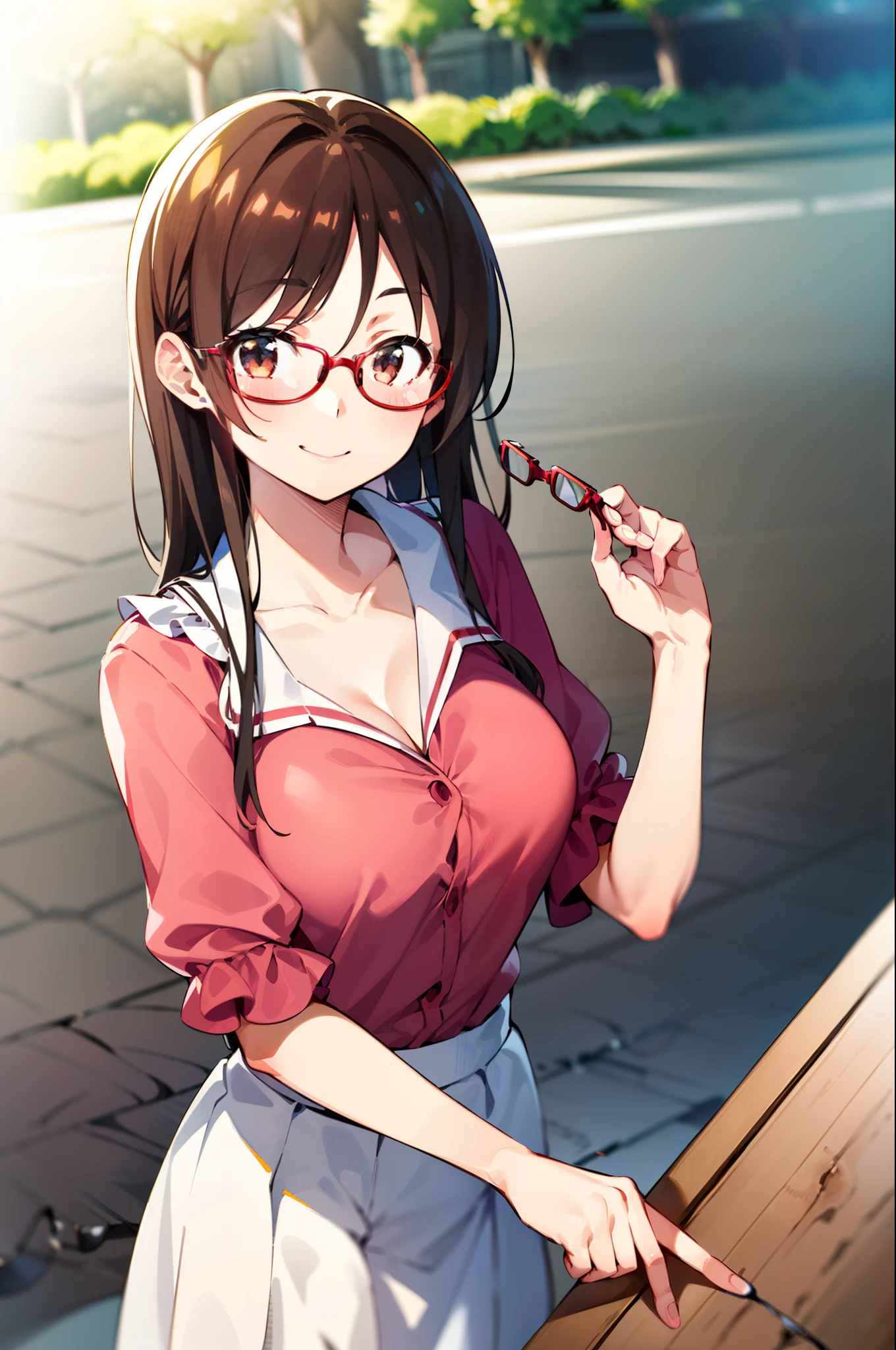 2d, masterpiece, best quality, anime, highly detailed, 1girl, solo, cowboy shot, chizuru, pink shirt, frilled shirt, white skirt, white collar, red ribbon, neck ribbon, collarbone, outdoors, smile, (((glasses))), ((rim-less eyewear)), (((mature female))), tall, beautiful, medium breast, milf, (eyewear:0.9)