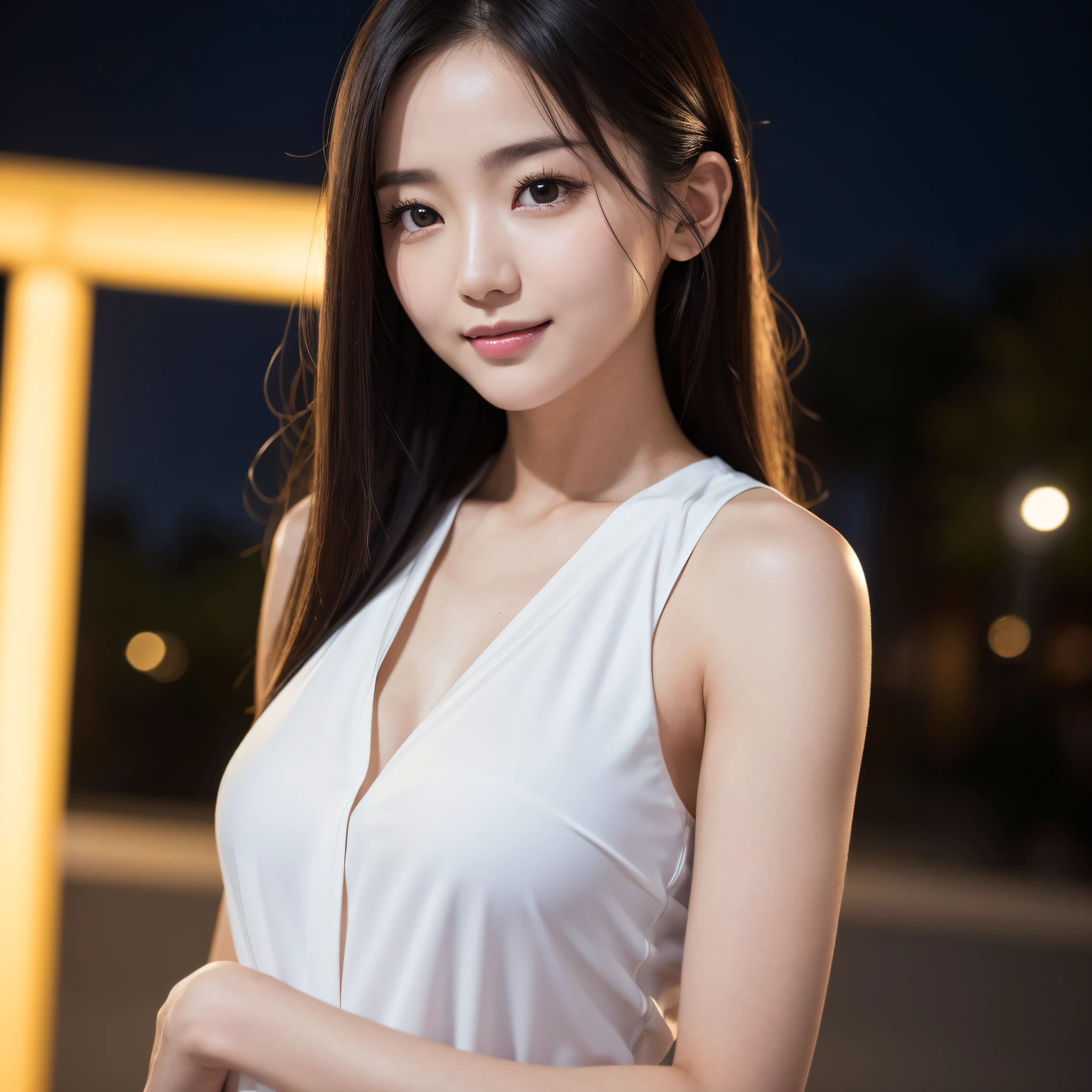 One lady、((best qualtiy、8k masterpieces:1.3))、foco nítido:1.2、(ultra beautiful faces:1.0)、(shinny skin:1.0)、photos realistic、A dark-haired、Video Lighting、High-definition eyes and face、Video Lighting、(Korean Cute Actress)、from the front side、medium breasts、(ssmile:1.2)、Sleeveless、Slender Abs Beauty、Whole body、Wearing a white blouse、in tokyo at night
