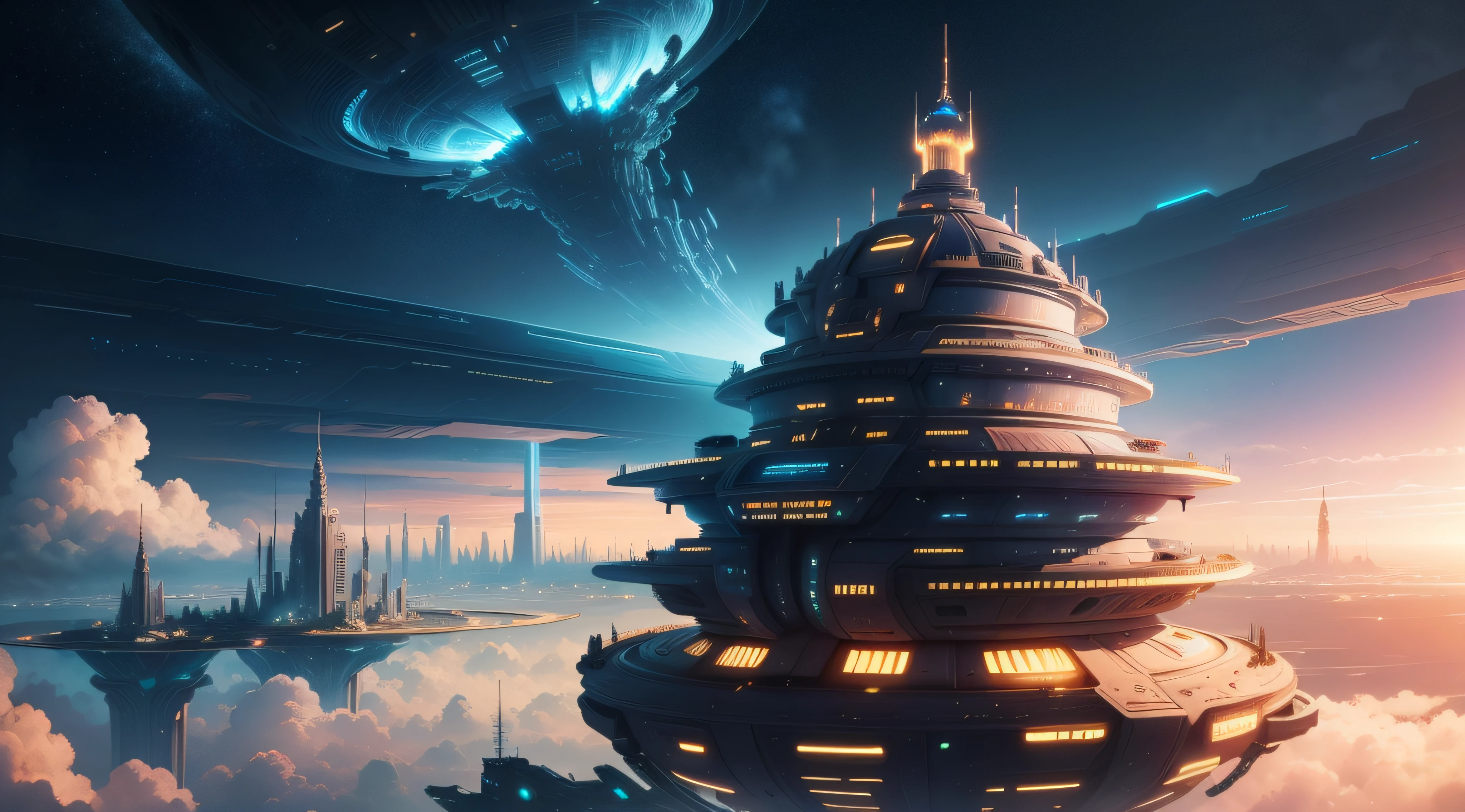 Close-up of city with sky background and sky with clouds, huge futuristic temple city, Sci-fi fantasy wallpaper, in fantasy sci - fi city, Sci-fi fantasy desktop wallpaper, otherwordly futuristic city, Science fiction city, empyrean city, Beautiful sci-fi art, depicted as a scifi scene, Beautiful city of the future