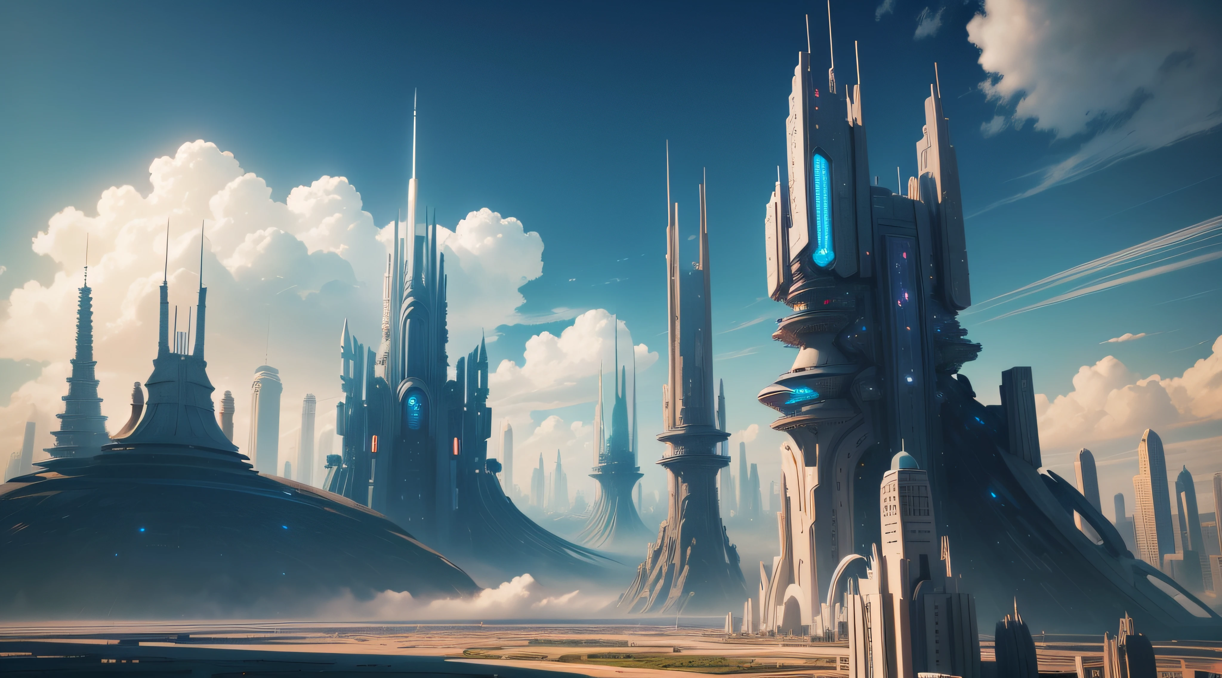 Close-up of city with sky background and sky with clouds, huge futuristic temple city, Sci-fi fantasy wallpaper, in fantasy sci - fi city, Sci-fi fantasy desktop wallpaper, otherwordly futuristic city, Science fiction city, empyrean city, Beautiful sci-fi art, depicted as a scifi scene, Beautiful city of the future