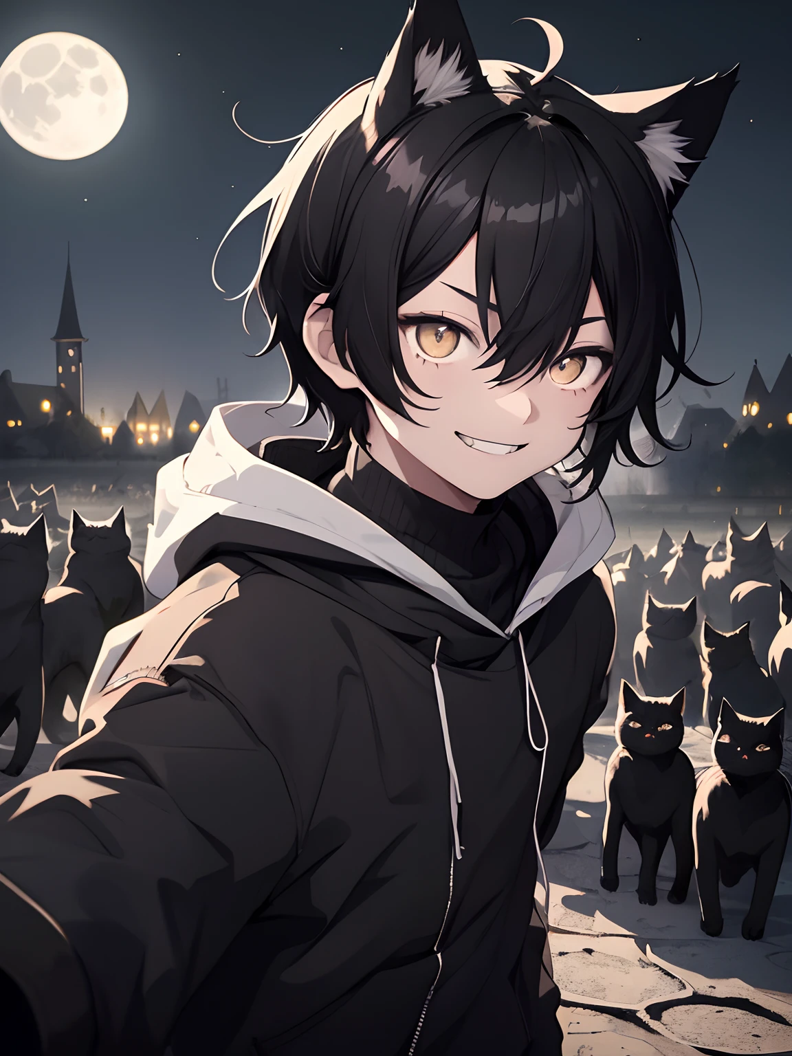 1 boy, black hair, white eyes, without pupils, black cat ears, cat whiskers in face, manic smile, an army of black cats at the side, a dark and dusky village in the background, night, moon in background, shiny eyes