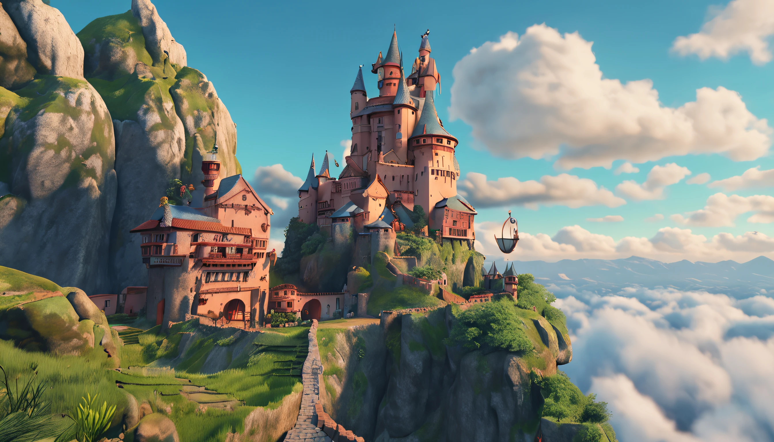 ghibli style, castle on a hill, cloudy blue sky, 4K wallpaper, merchants traveling on pathway.