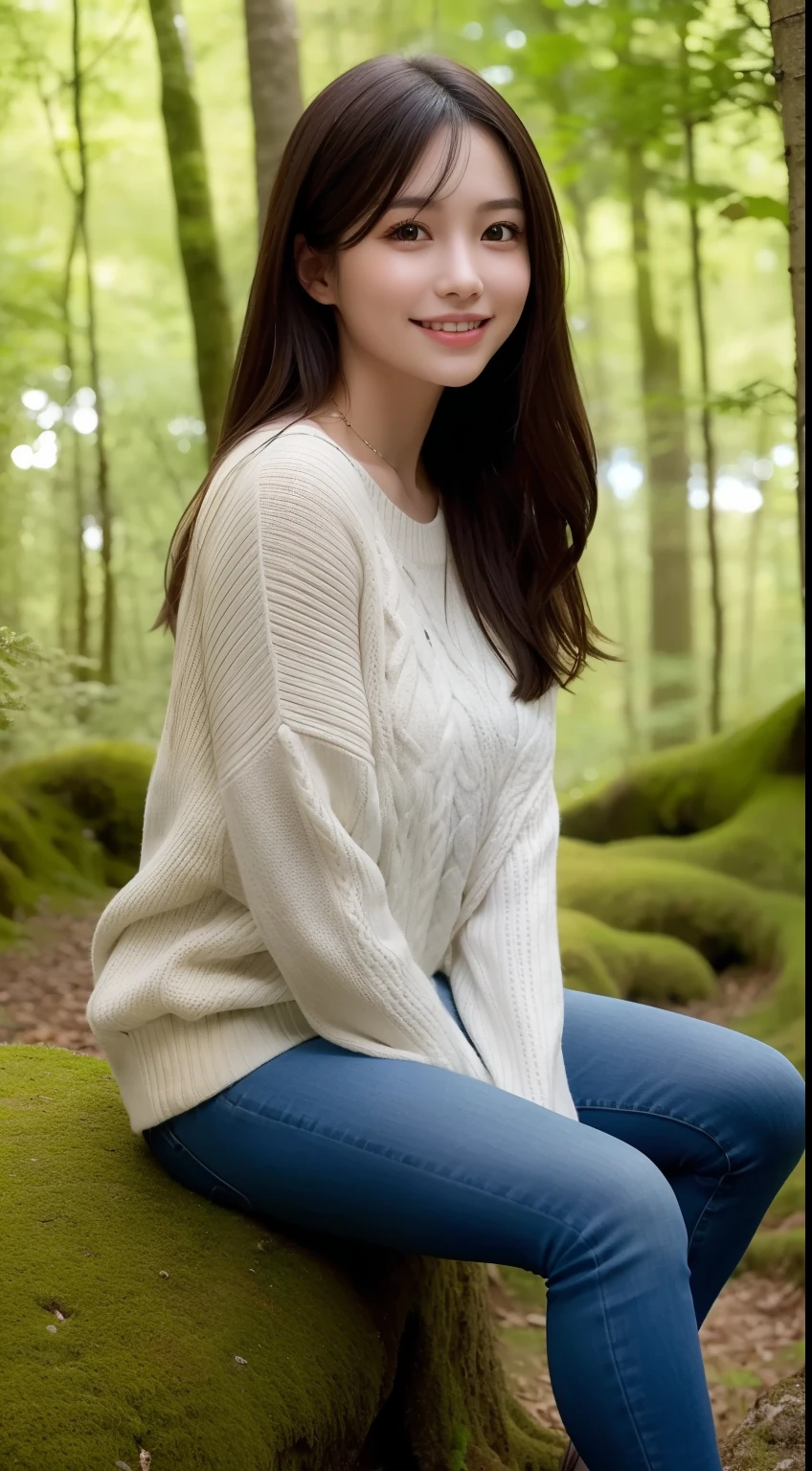 A smiling girl,Skinny sweater jeans,Sitting on a large mossy rock in the woods,com rosto detalhado,The eyes are delicate,The photo quality is the best,Realistic image quality,Background diffuse lighting,Depth of field display。