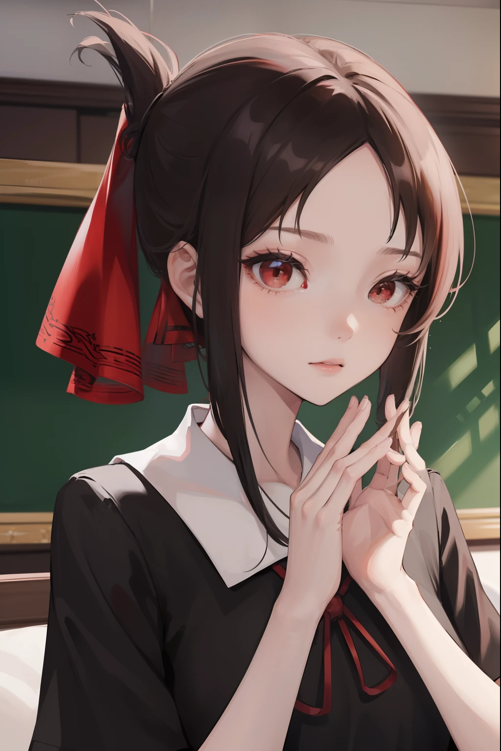 kaguyashinomiya, kaguya shinomiya, folded ponytail, forehead, hair ribbon, (red eyes:1.5), red ribbon, ribbon, short hair, sidelocks,
BREAK black dress, dress, pinafore dress, school uniform, shirt, short sleeves, shuuchiin academy school uniform, white shirt,
BREAK looking at viewer,
BREAK indoors, classroom,
BREAK (masterpiece:1.2), best quality, high resolution, unity 8k wallpaper, (illustration:0.8), (beautiful detailed eyes:1.6), extremely detailed face, perfect lighting, extremely detailed CG, (perfect hands, perfect anatomy),