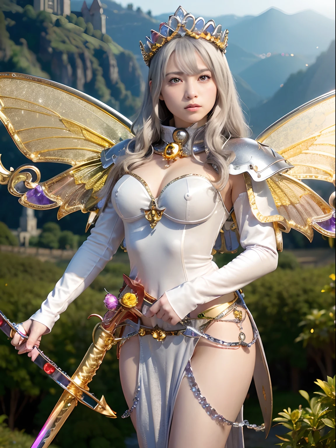 (masutepiece), Professional , ​masterpiece、top-quality、photos realistic , depth of fields （Gemstone Silver Metal Body:1.９),(Matte Silver、Jewel Gold Weapon、（Gorgeous castle background）、（ultimate beauty girl）、（Rainbow fairy wings grow）、（Jewel Metal Body:1.９),Gorgeous Jewel Metal Weapons , Detailed Sword of the Brave ,（ a blond）   ,warhammer 40k ,(（maikurobikini）)、Particles of light、 adepta sororitas,Detail and ornate jewel crown、独奏、Brown hair、（Gangle's forest background）、Beautiful Caucasian beauty、１a person、dynamic ungle,(((Diamond tiara with detail and luxury)))、a small face、Powerful poses、（Gorgeous castle background）、huge filesize、20 year old beautiful woman、Thin female fingers、Straight long hair、Beautiful Caucasian beauty、Valley、Fairy of Light、Particles of light、