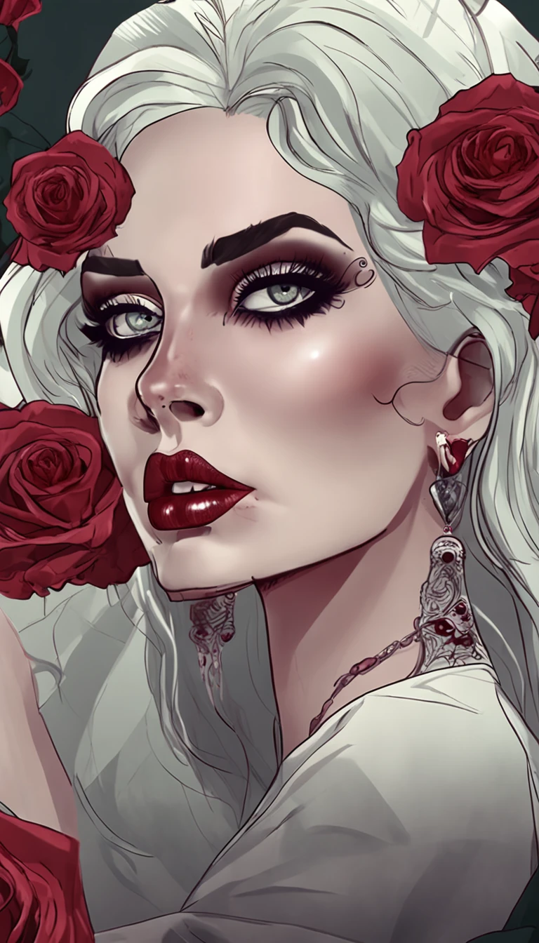 master part, extremely high quality, HD 8K, 1 menina vampira, WITH A RED ROSE IN HER HAIR AND A SKULL IN HER HANDS, atmosfera assustadora, lo gothic, boca aberta, dentes de vampiro, olhos vermelhos
，(obra-prima premiada , best quality:1. 2) , Christian Vampiro Zumbi, Rosto detalhado , Olhos cinzentos, cinemactic , Gloomy Illumination, aesthetics of horror, ambiente altamente detalhado, 16k, UHD, HDR, (master part:1. 5), (best quality:1. 5)